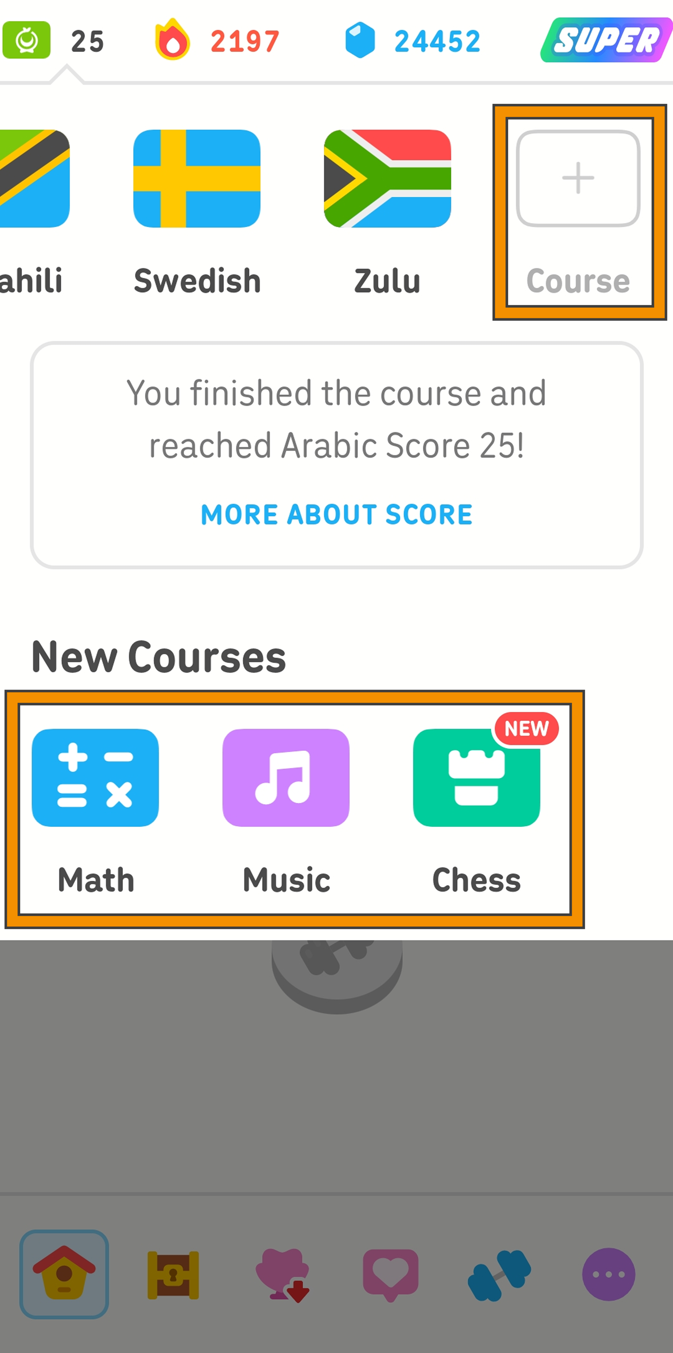 Screenshot showing the menu to add a new course on the Duoingo app. The user has the option to tap a blank rectangle labeled “Course” to start a new language course, or select from Math, Music, or Chess.