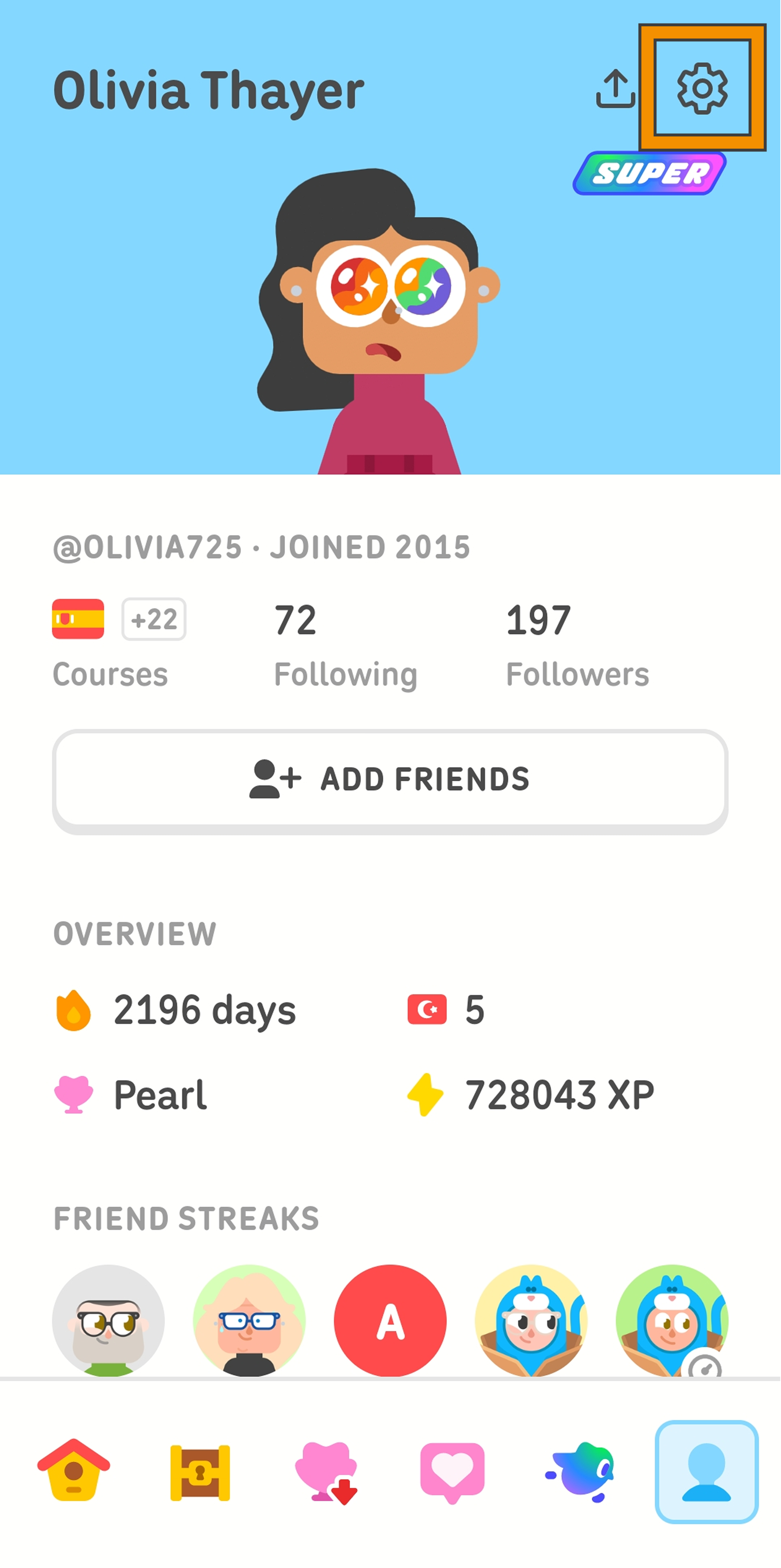 Screenshot of a Duolingo user’s profile. There is an orange square highlighting the gear symbol in the top right corner of the screen, indicating the option to open the settings menu.