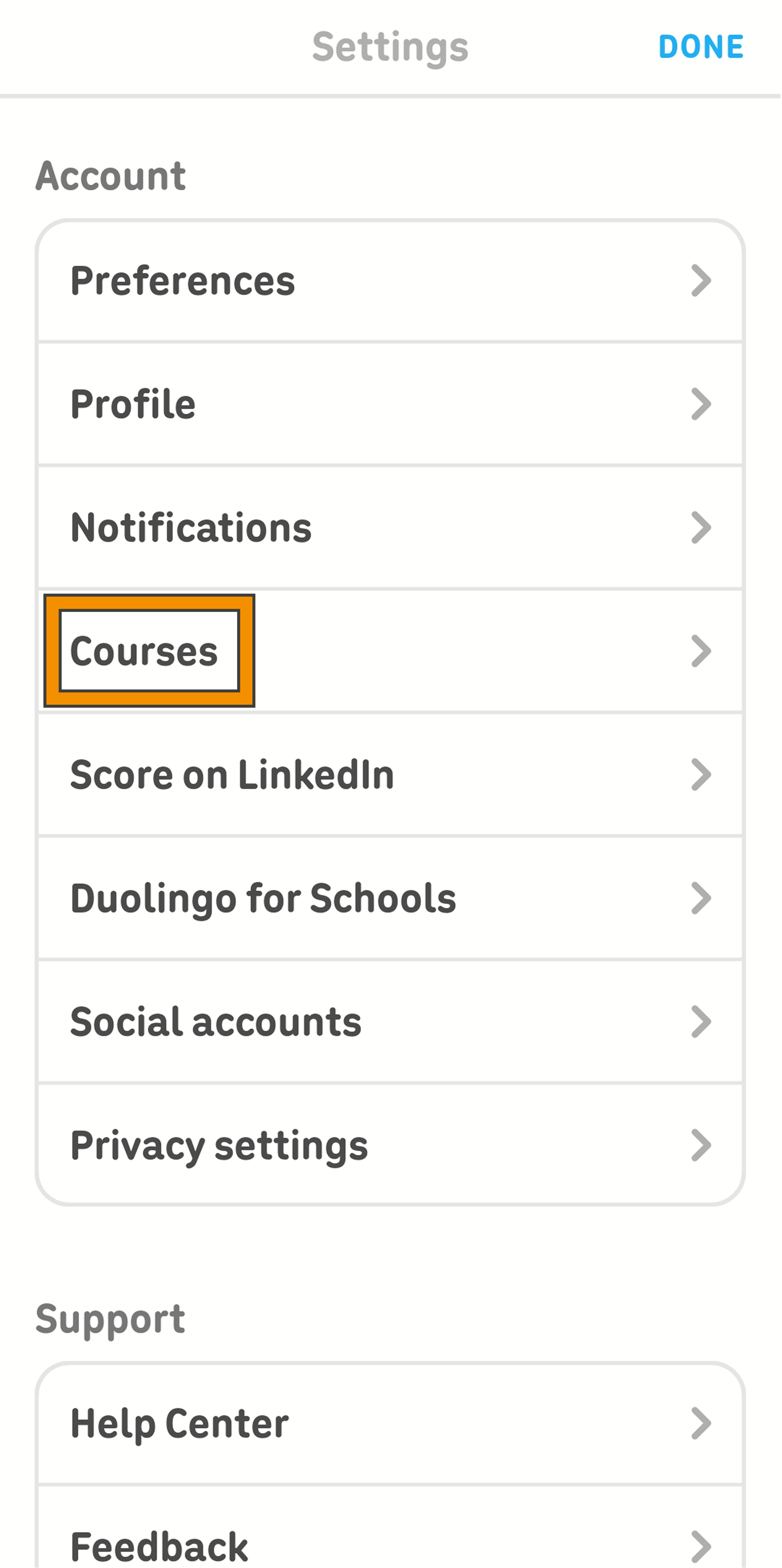 Screenshot of the Duolingo app’s settings menu. There is an orange rectangle highlighting the “Courses” category, indicating the option to manage the user’s courses in progress.