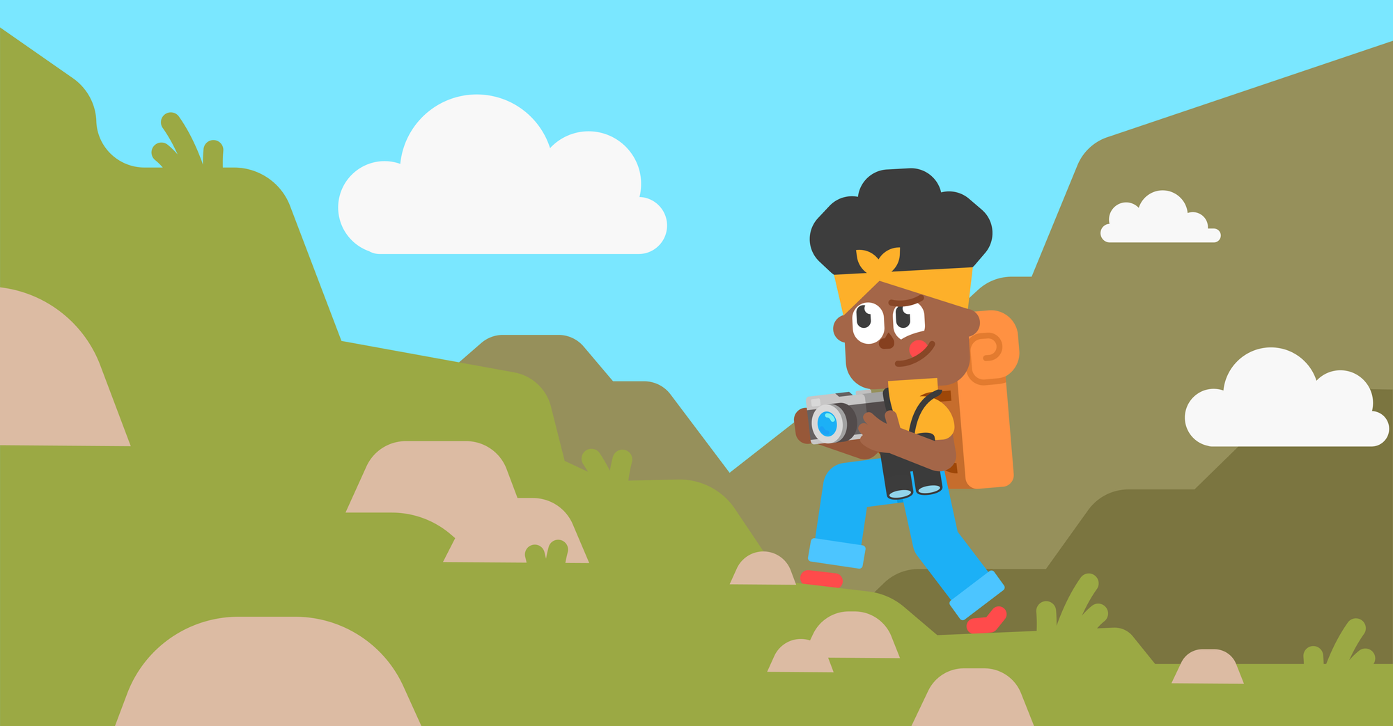 Illustration of Duolingo character Bea hiking in the mountains with a backpack, binoculars, and a camera.