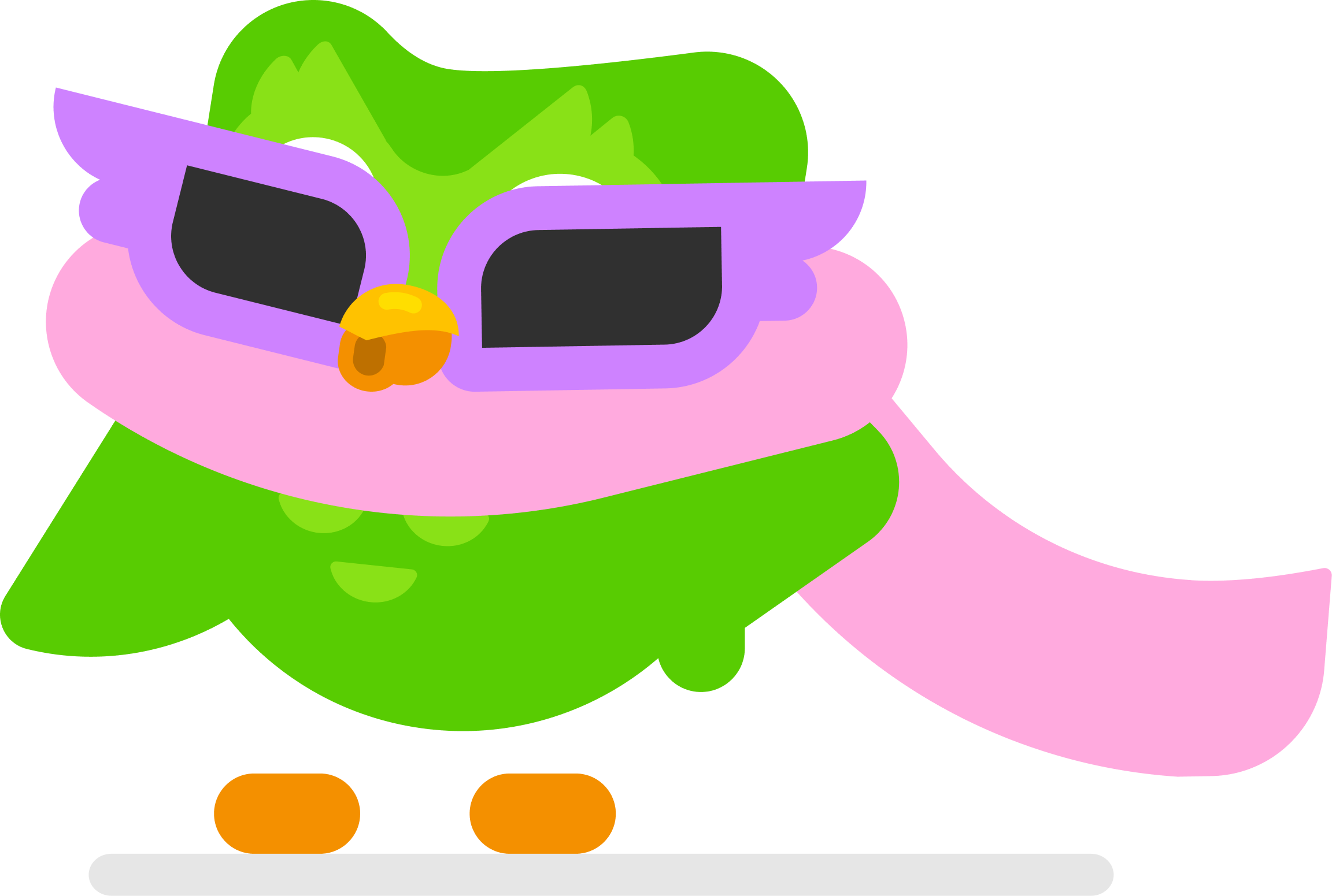 Duo the owl looking confident in purple winged sunglasses and a pink scarf with one wing on his hip