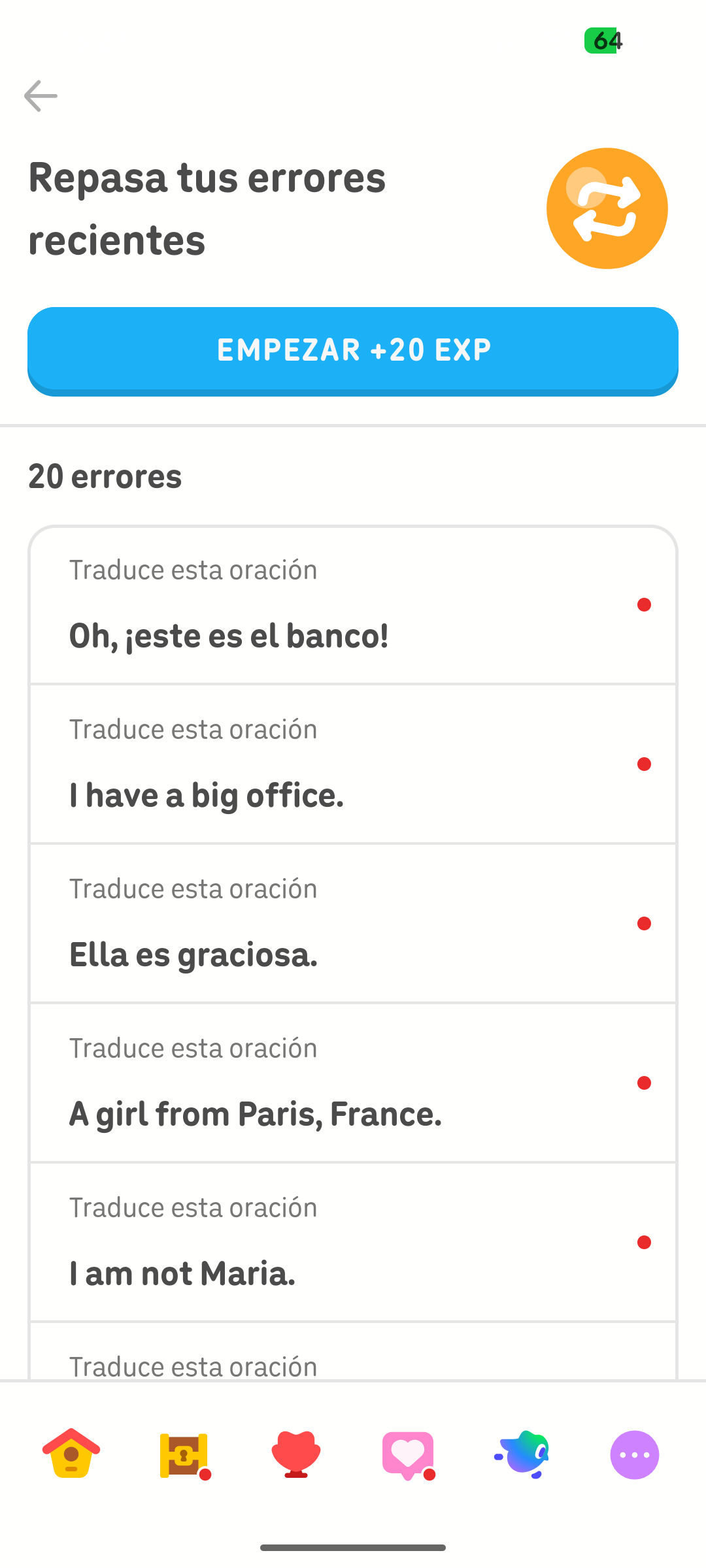 Captura de pantalla que muestra el repaso de errores, con una gran cantidad de ejercicios que el usuario puede repasar de sus lecciones.