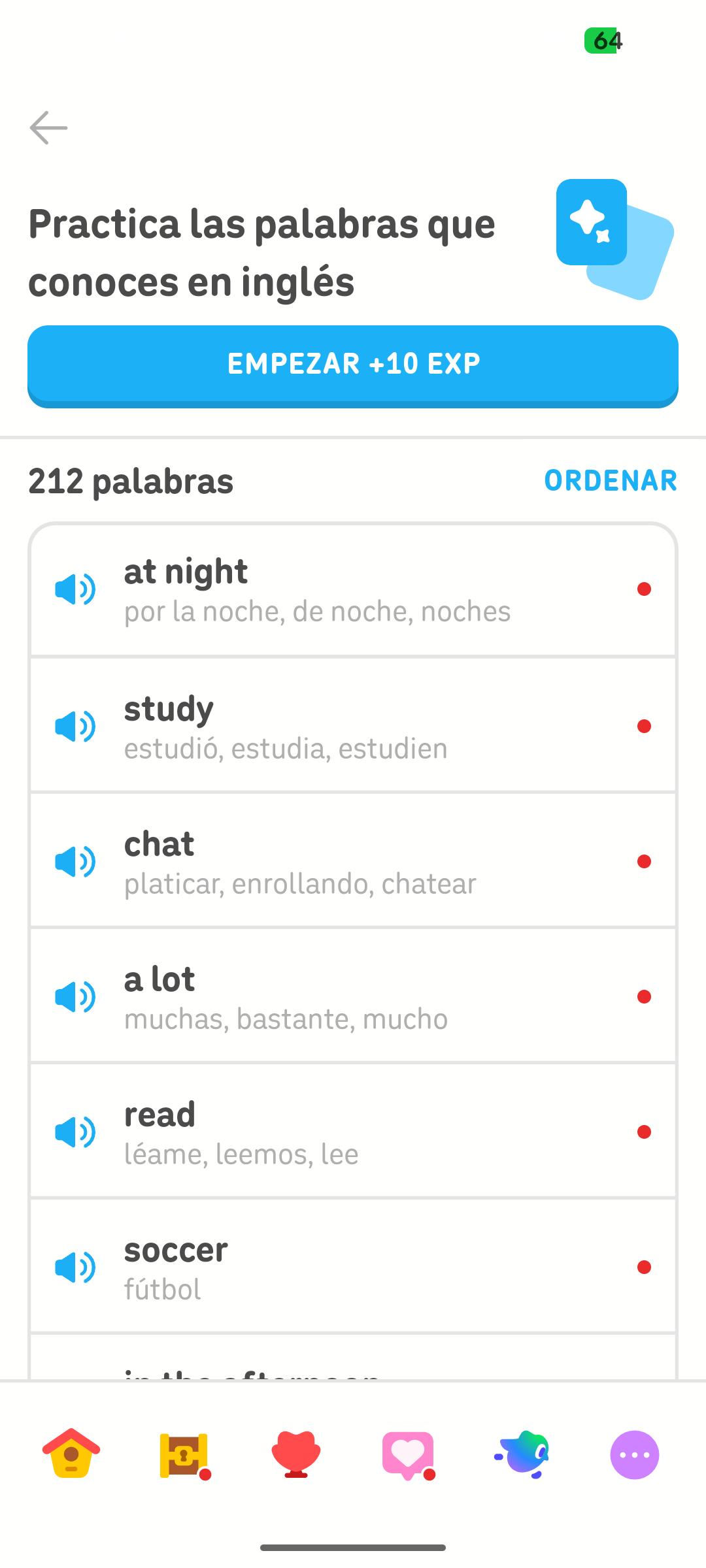 Captura de pantalla de una sesión de práctica donde se le indica al usuario: “Practica las palabras que conoces en francés” por 10 EXP. El usuario tiene 212 palabras disponibles para practicar.