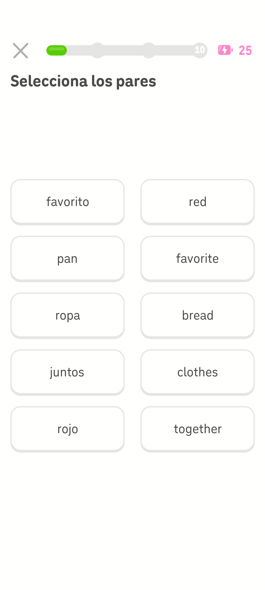 Captura de pantalla de un ejercicio de Duolingo en el que el usuario debe elegir una palabra en español de la columna izquierda y conectarla con la palabra correspondiente en inglés en la columna derecha.