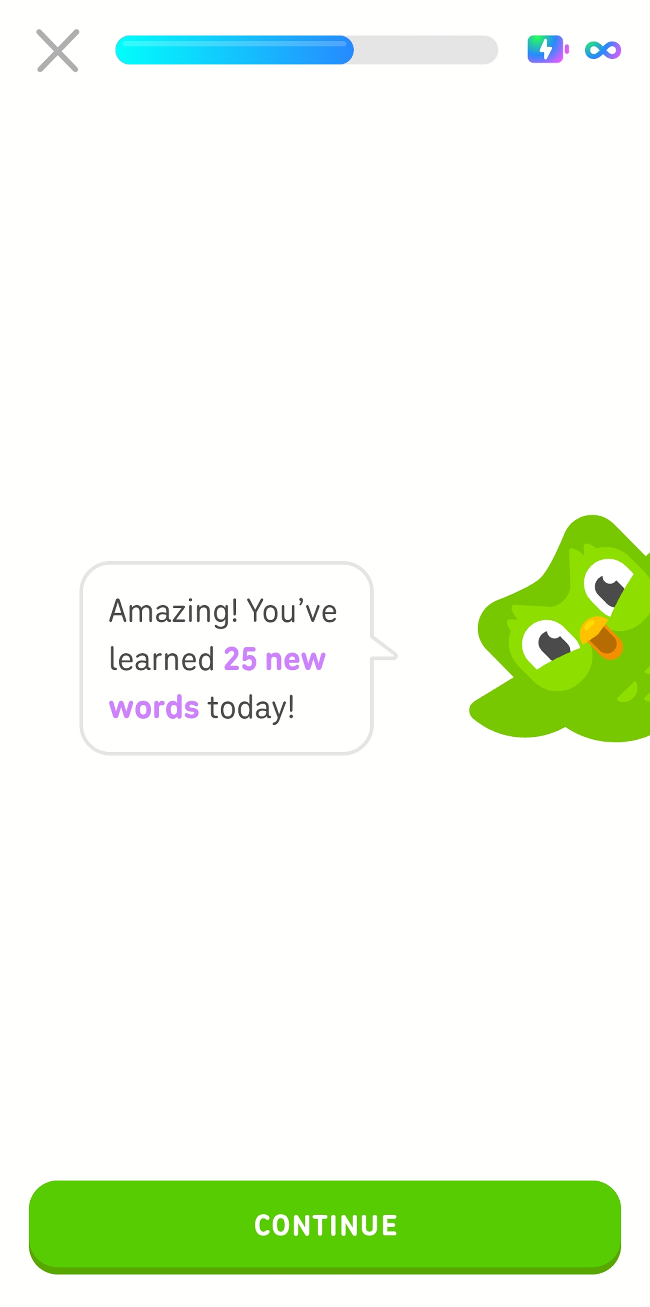 Screenshot of the Duolingo app mid-lesson. Duo the owl is congratulating the learner, saying “Amazing! You’ve learned 25 new words today!”
