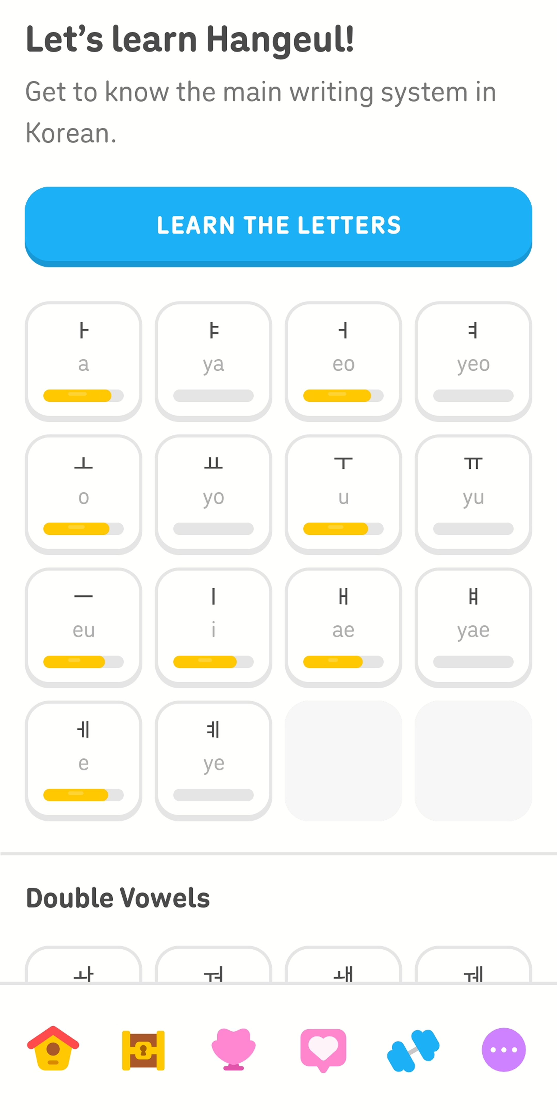 Screenshot of the character practice tab of Duolingo’s Korean course. The top of the screen says “Let’s learn Hangeul!” and several Korean characters appear below, below a blue button labeled “Learn the letters.”