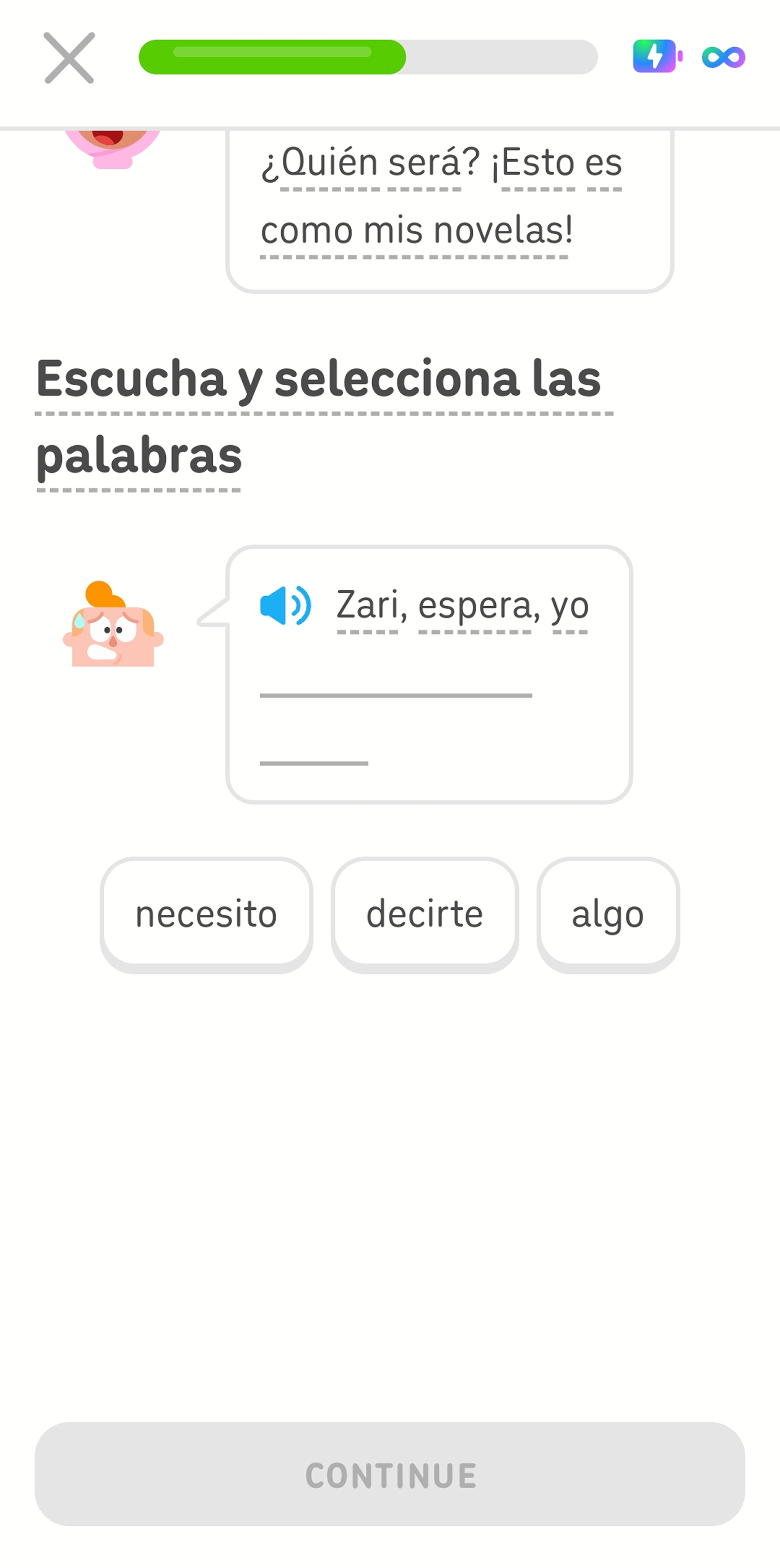 Screenshot mid-lesson of a Spanish Story. Duolingo character Junior has a speech bubble next to him with a partial sentence followed by a blank. Three word tiles appear below.