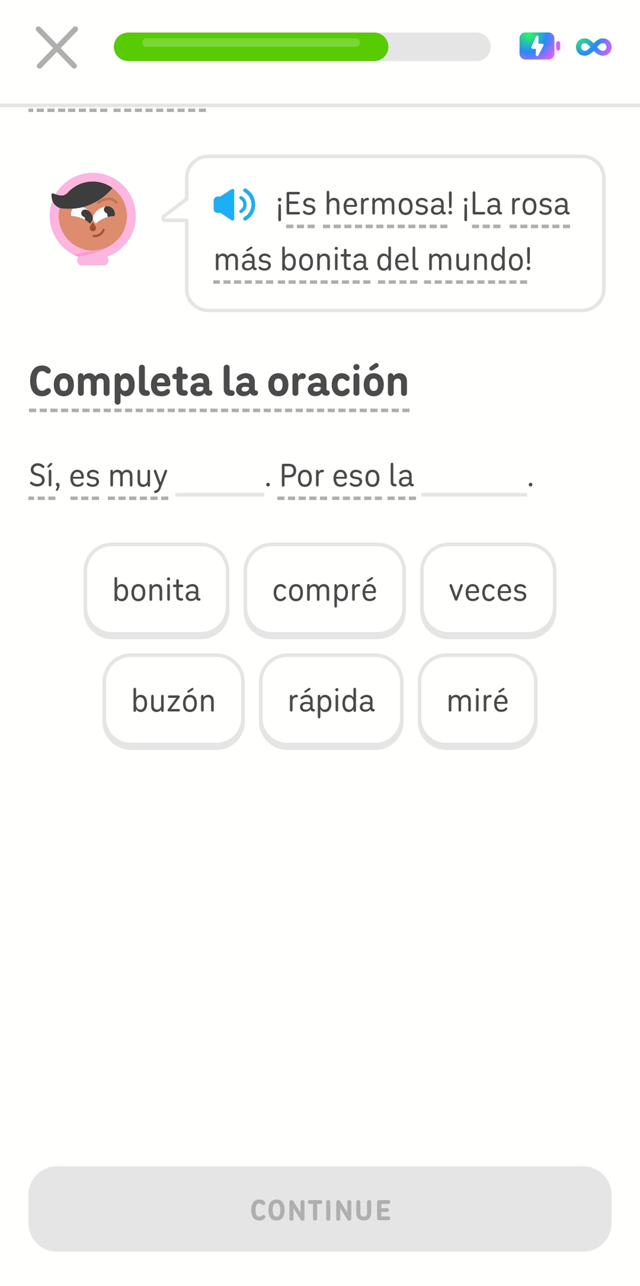 Screenshot mid-lesson of a Spanish Story. Two sentences appear side-by-side, each missing one word. Six word tiles appear below as options.