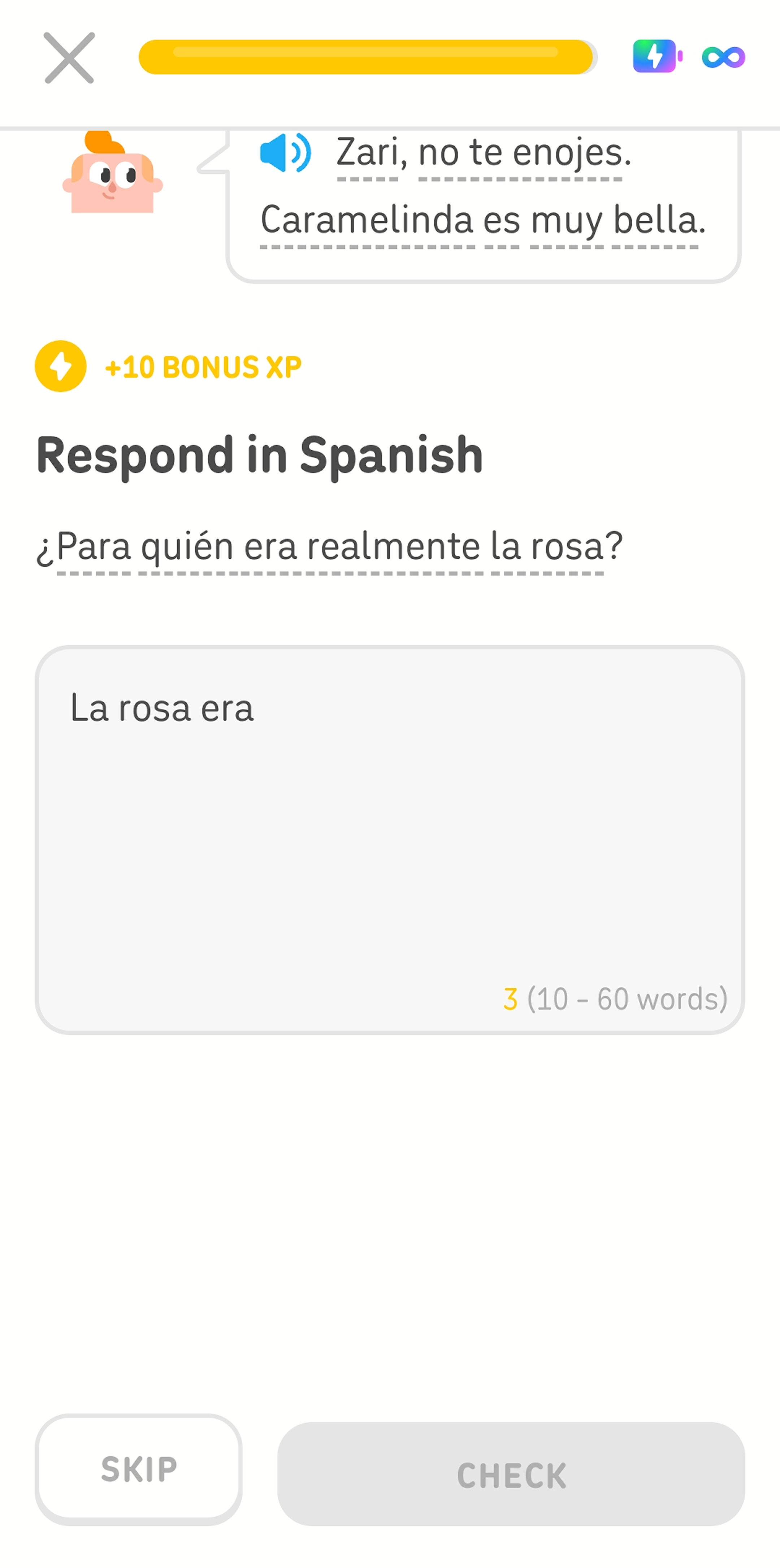 Screenshot mid-lesson of a Spanish Story. The instructions read “Respond in Spanish,” followed by a question in Spanish and a field for the user to type their answer.