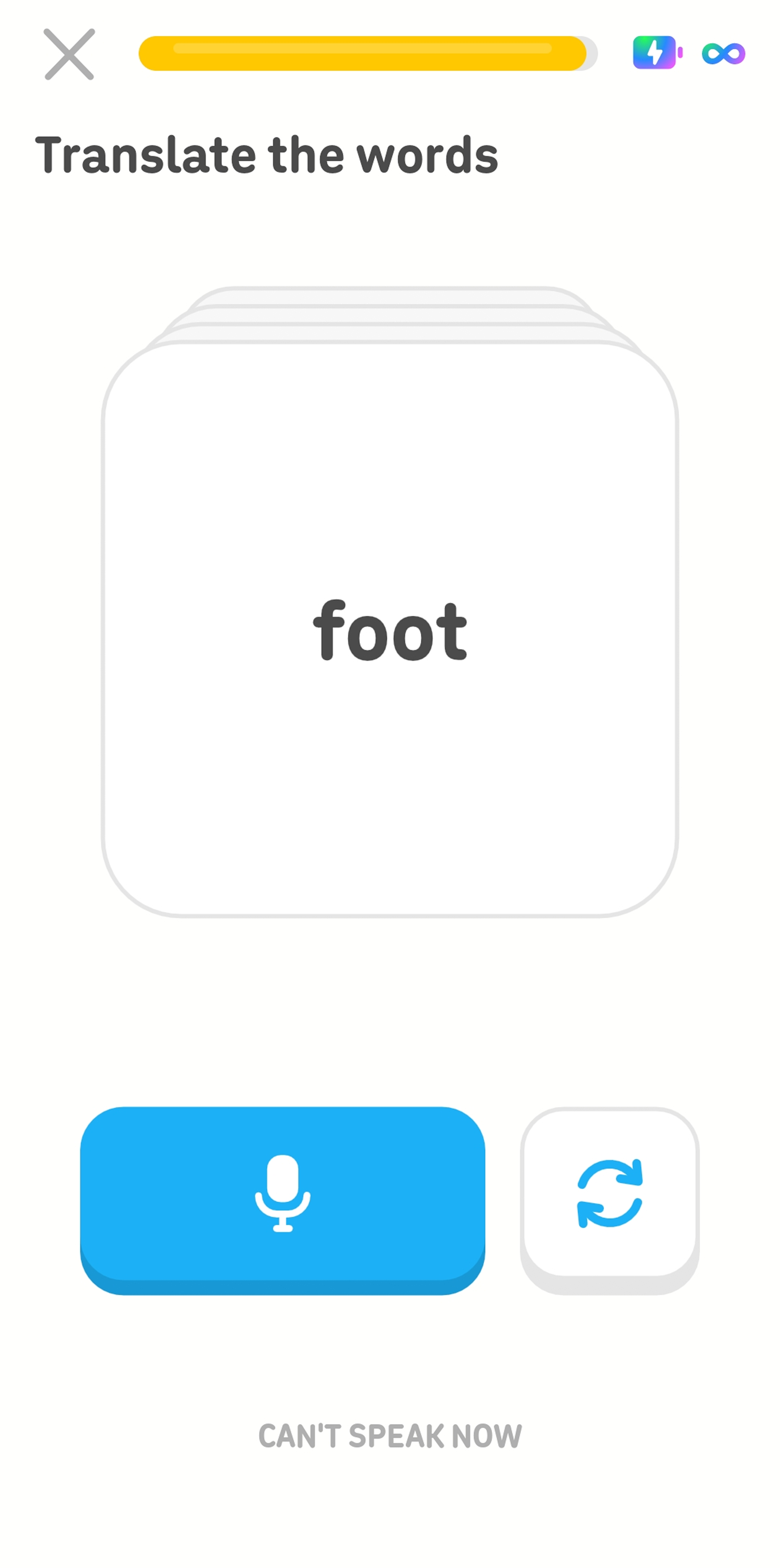 Screenshot of a Flashcards exercise. The word “foot” appears on the flashcard, with buttons below indicating the options to speak the answer, skip the card, or pause speaking exercises.