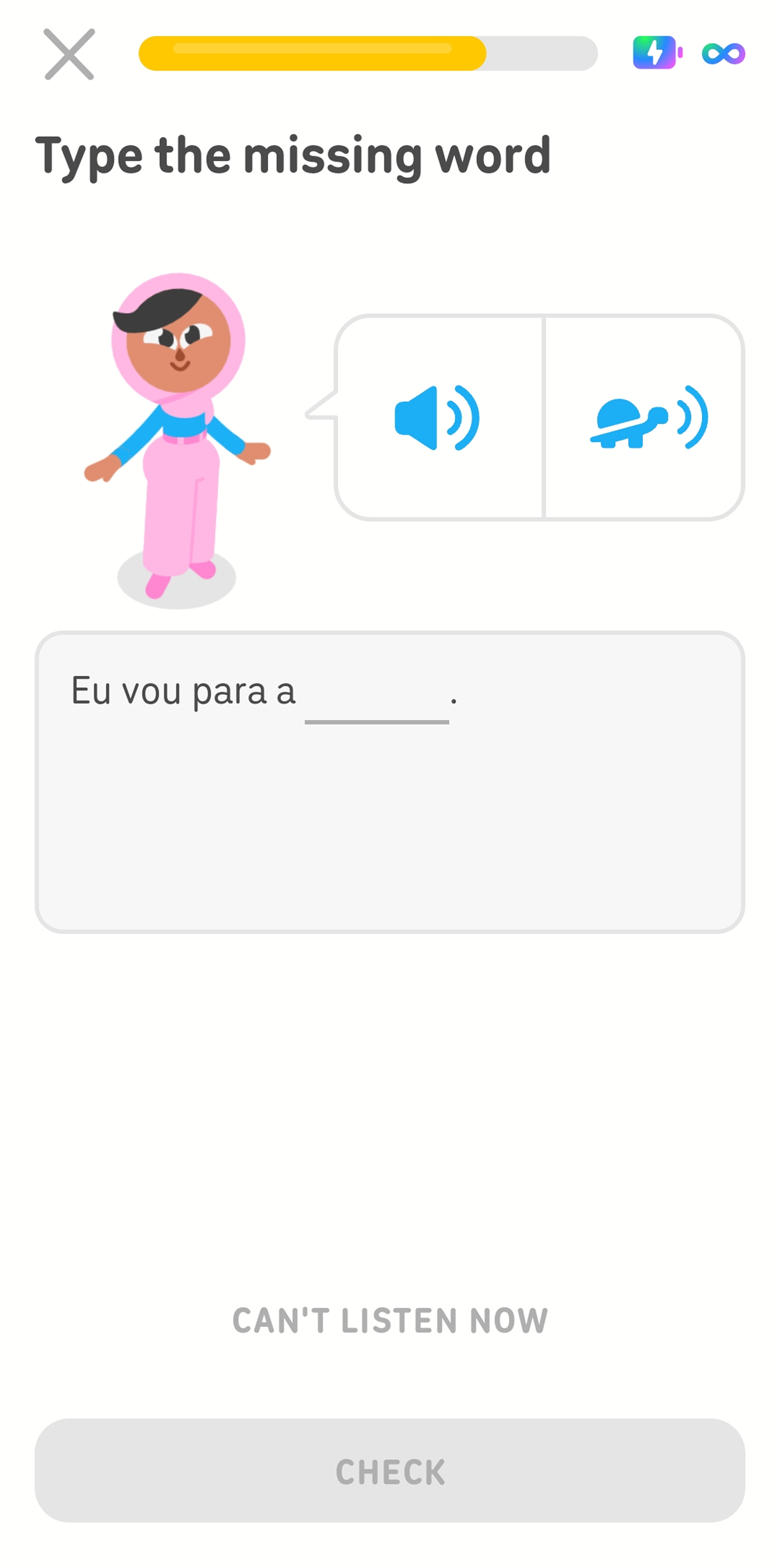 Screenshot mid-lesson. The instructions read “Type the missing word,” and Duolingo character Zari is standing next to a speech bubble with options to play her sentence at normal speed, or more slowly. Below her is a partial sentence in Portuguese with one word missing.