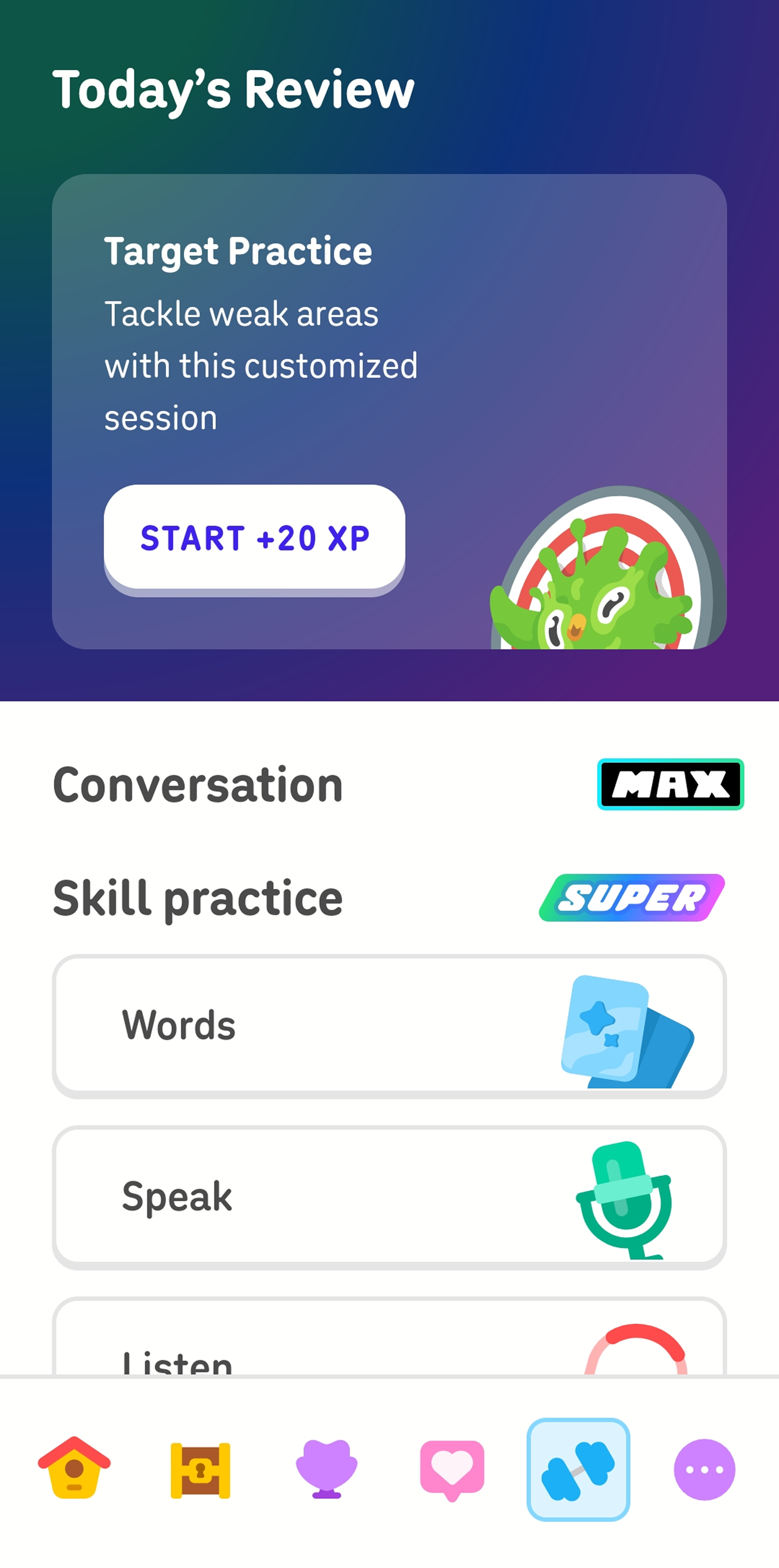 Screenshot of the Duolingo Practice tab. Several exercise options are presented, including “Words,” “Speak,” and “Listen.”