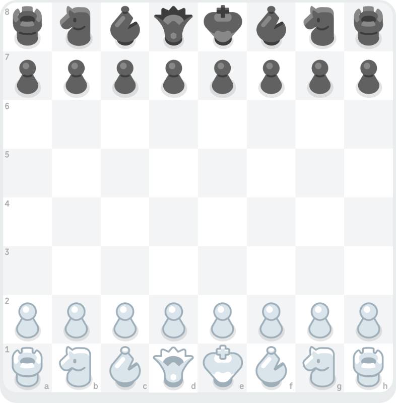 A gif showing the opening moves for the Catalan Opening: 1. White’s d-pawn moves to d4 and Black’s knight moves to f6. 2. White’s c-pawn moves to c4 and Black’s e-pawn moves to e6. 3. White’s g-pawn moves to g3.