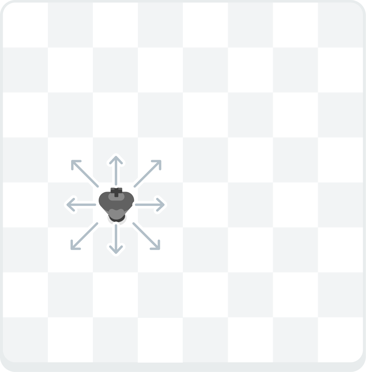 A chess board showing a king with arrows indicating horizontal, vertical, and diagonal movement by one square in every direction.