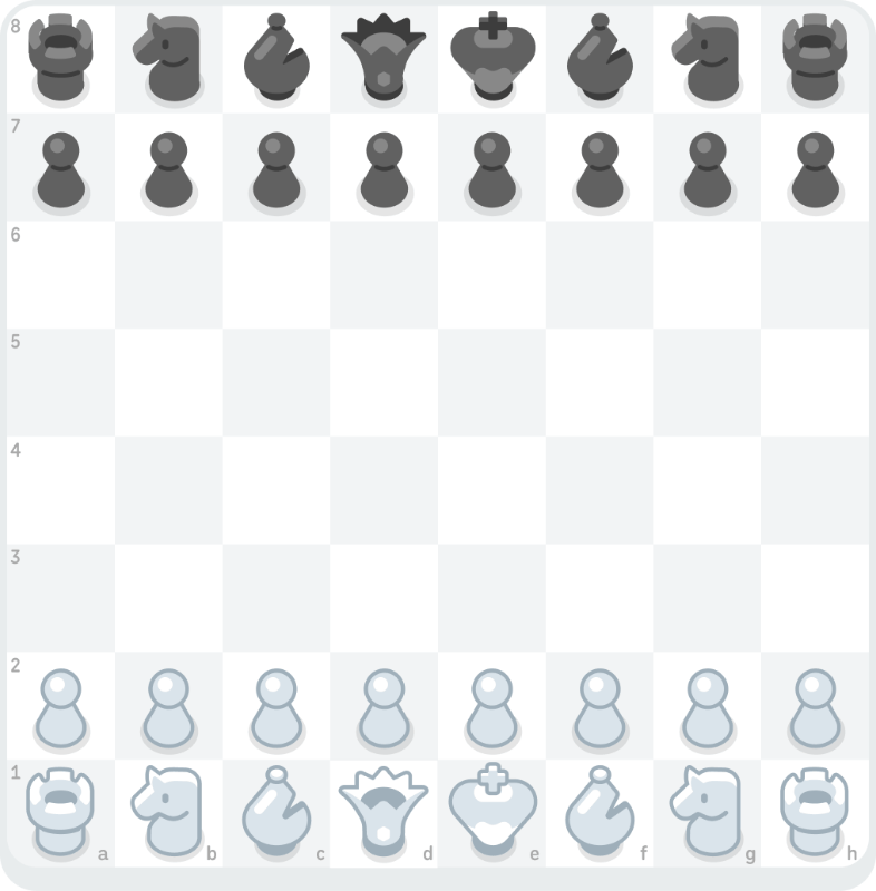 A gif showing the opening moves for the King’s Indian Defense: 1. White’s d-pawn moves to d4 and Black’s knight moves to f6. 2. White’s c-pawn moves to c4 and Black’s g-pawn moves to g6.