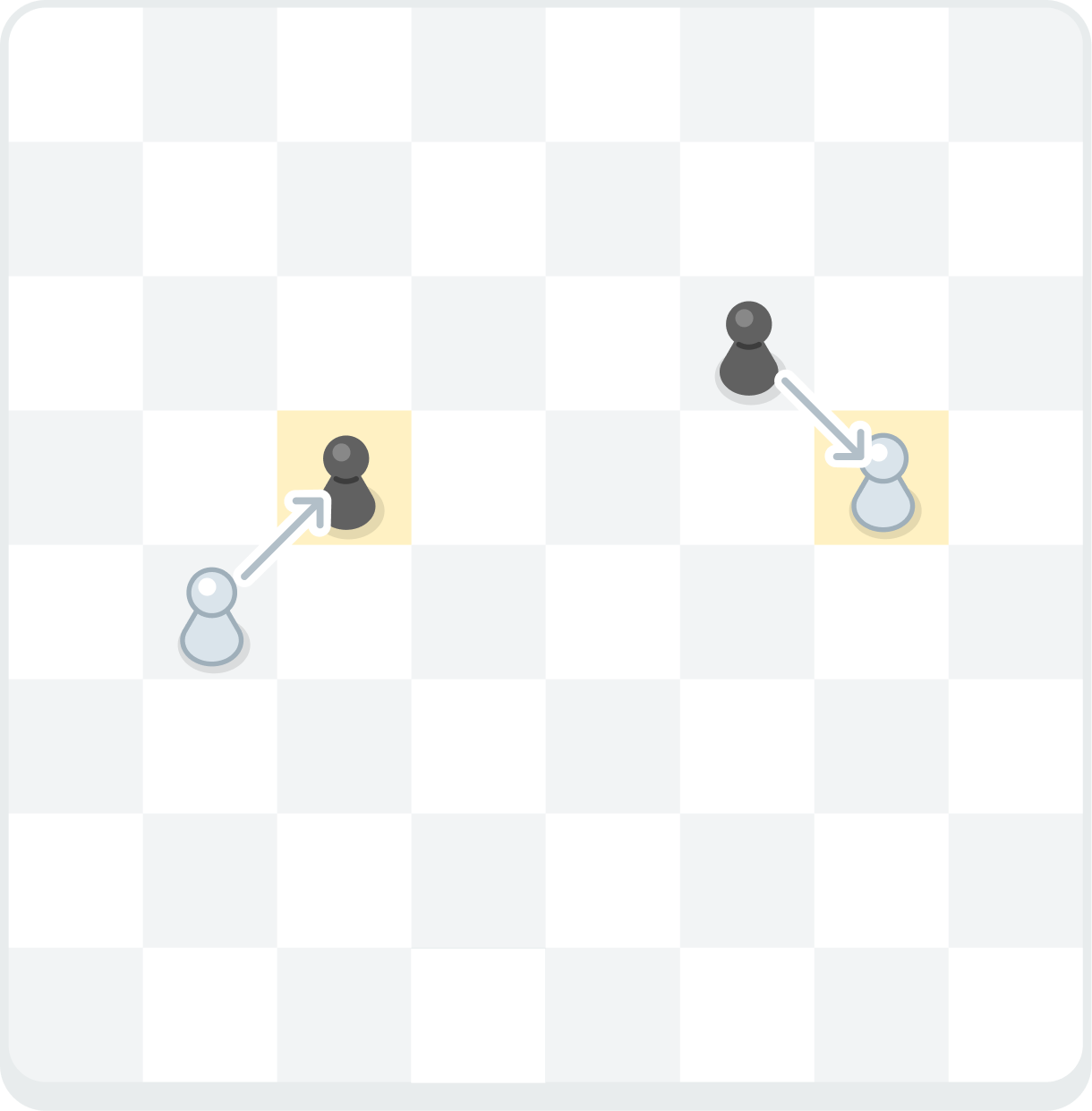 A chess board showing two white and two black pawns with arrows indicating capture movement. One of the white pawns is capturing a black pawn, the other black pawn captures the remaining white pawn.