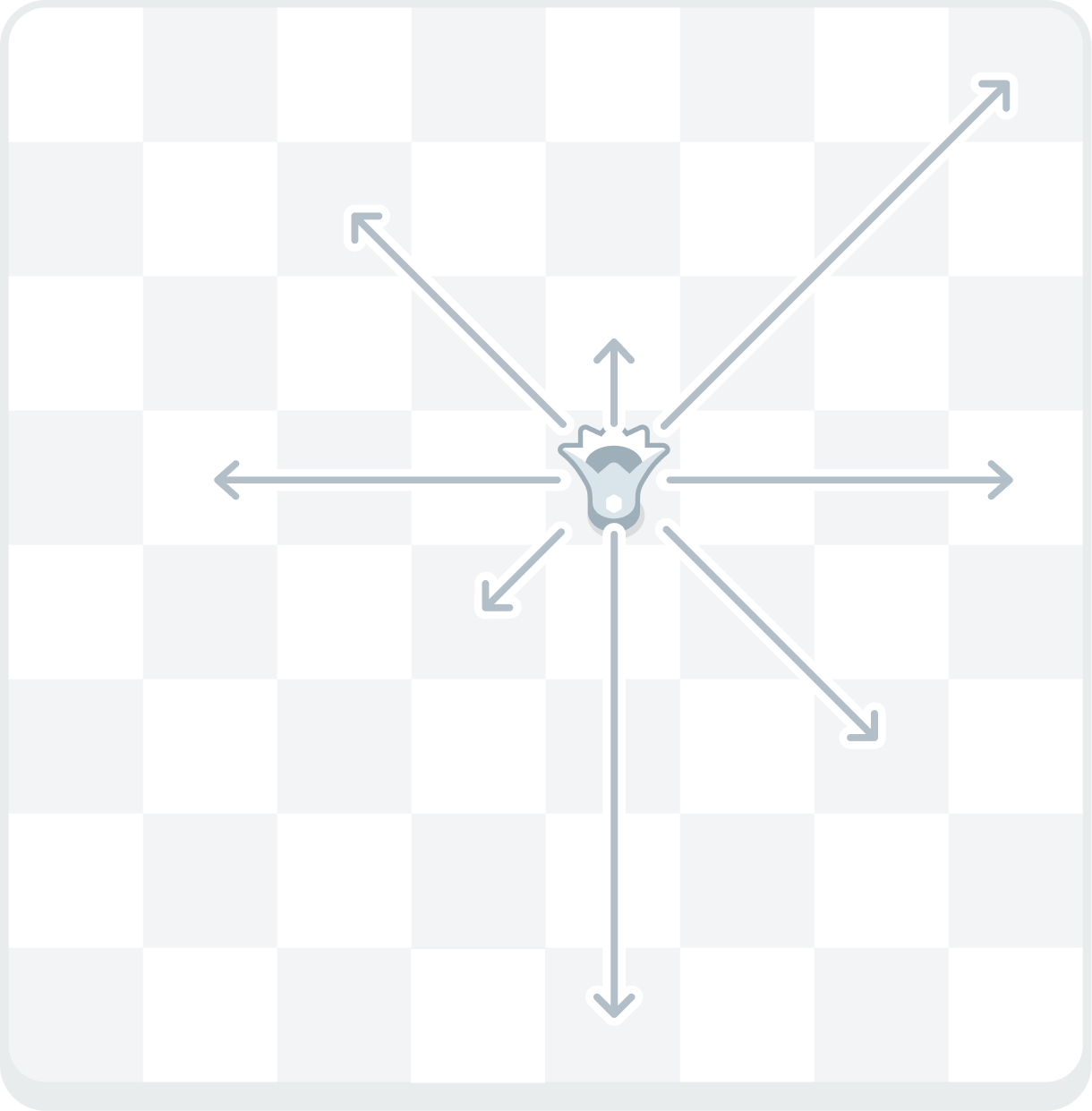 A chess board showing a queen with arrows indicating horizontal, vertical, and diagonal movement across any number of squares in each direction.