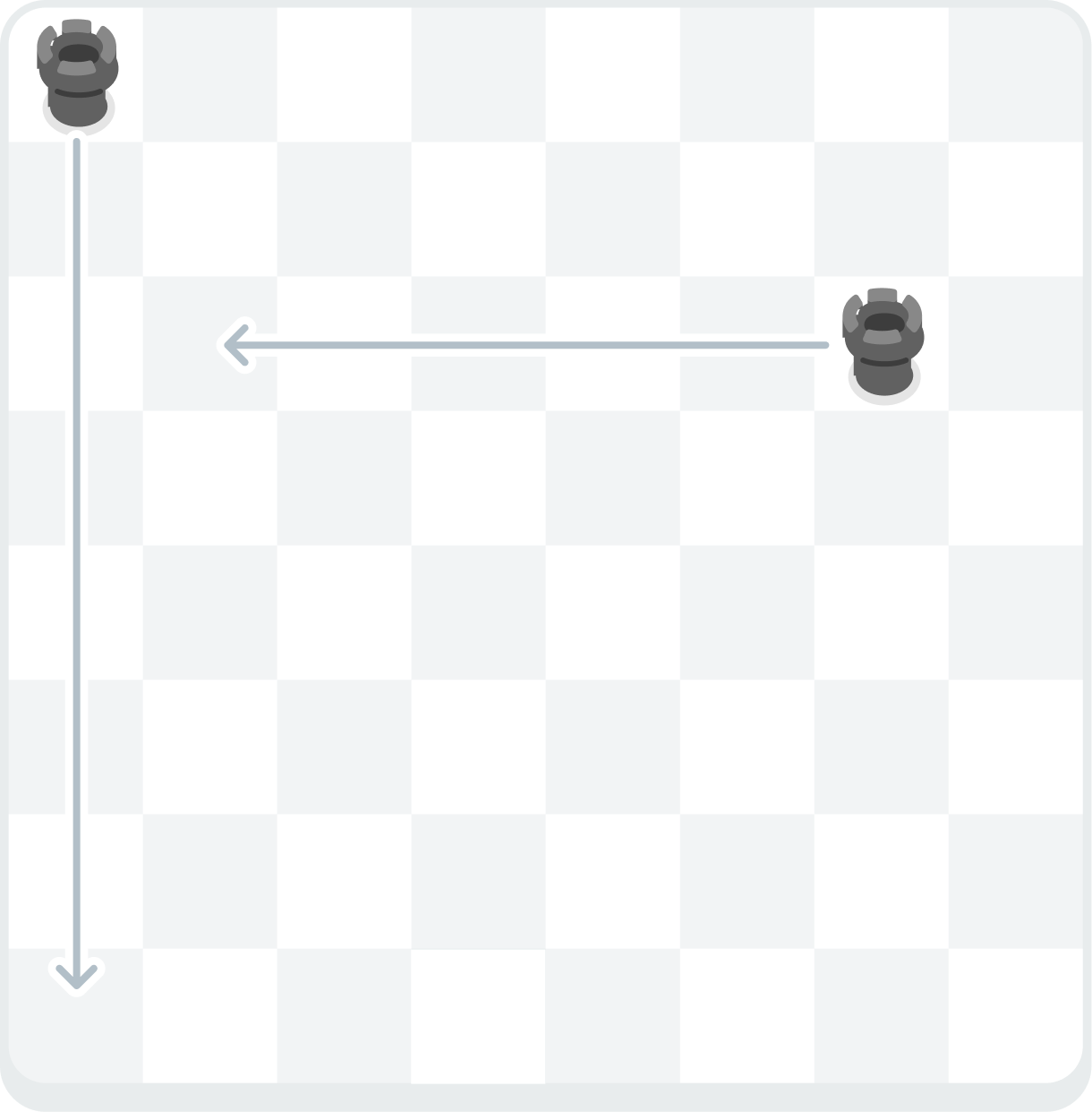 A chess board showing two rooks with arrows indicating movement. One rook moves six squares down. The other rook moves two squares to the left.