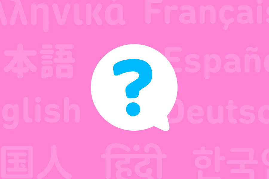 Illustration of a question mark inside a speech bubble against a background of names of different languages