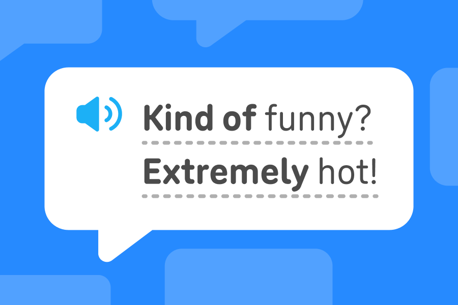 英語の「Kind of funny」と「Extremely hot」という文章が書かれた吹き出しの絵