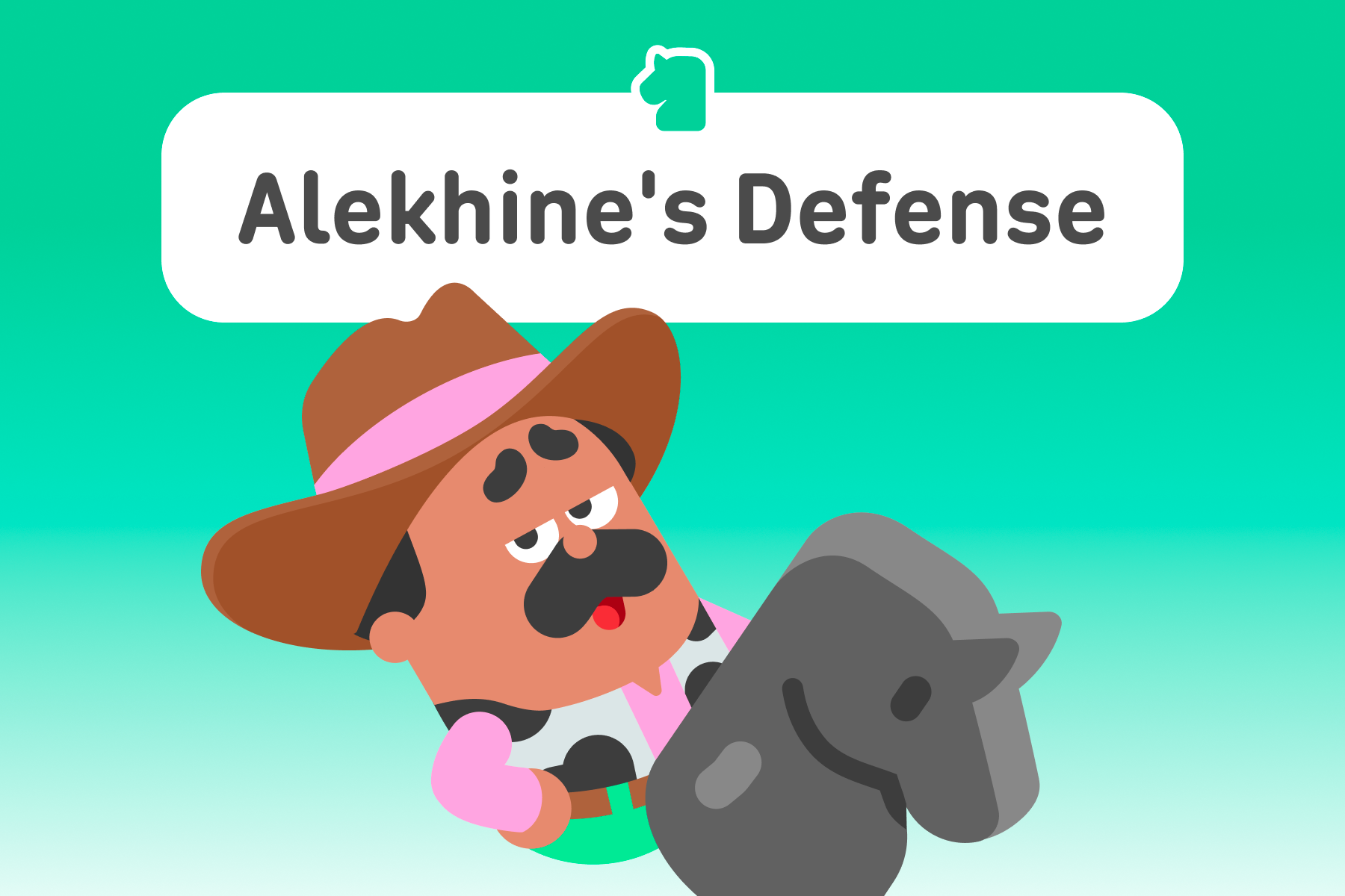 Illustration of Duolingo character Oscar in a cowboy outfit and with a life-sized knight chess piece. The title above is “Alekhine’s Defense.”