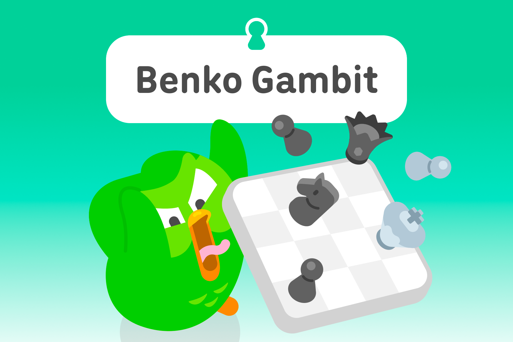 Illustration of Duo the owl angrily flipping over a chess board. The title above is “Benko Gambit.”
