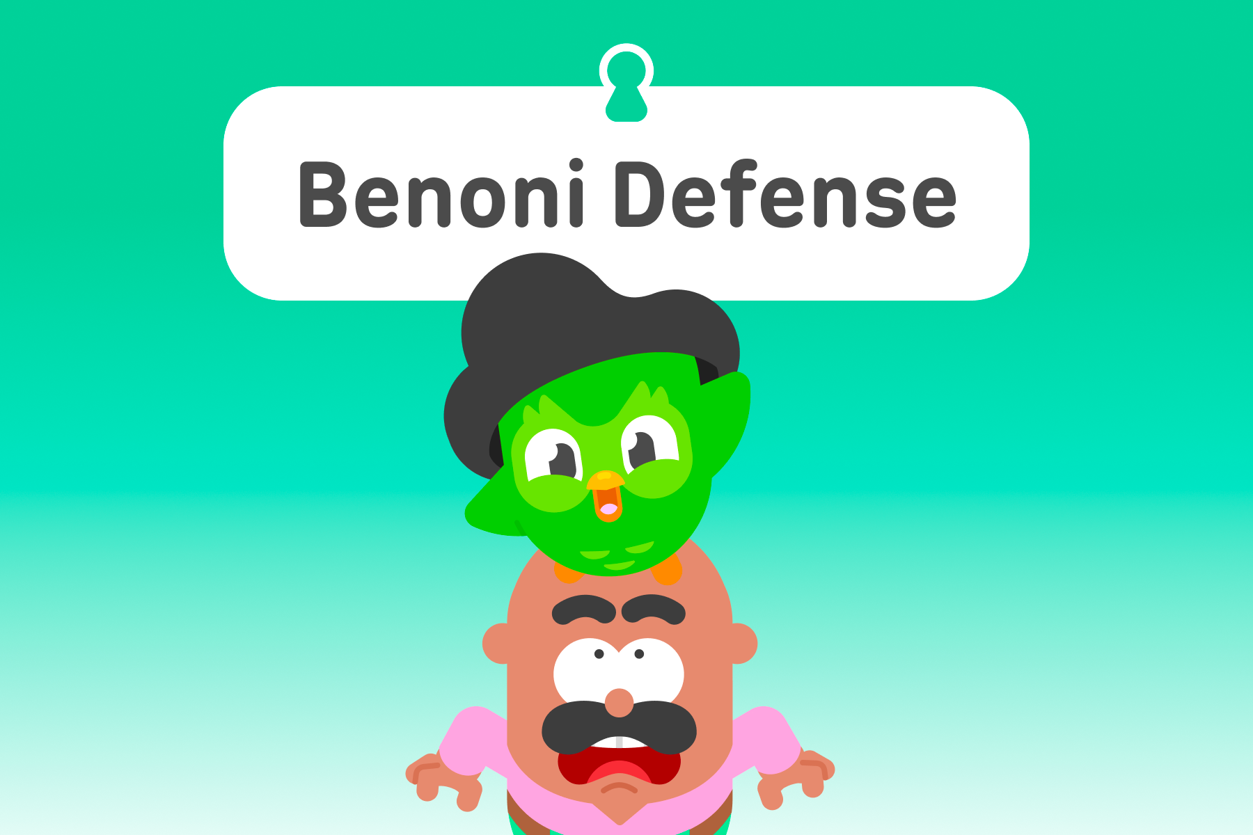 Illustration of Duolingo character Oscar looking shocked, with Duo the owl on his head. The title above is “Benoni Defense.”