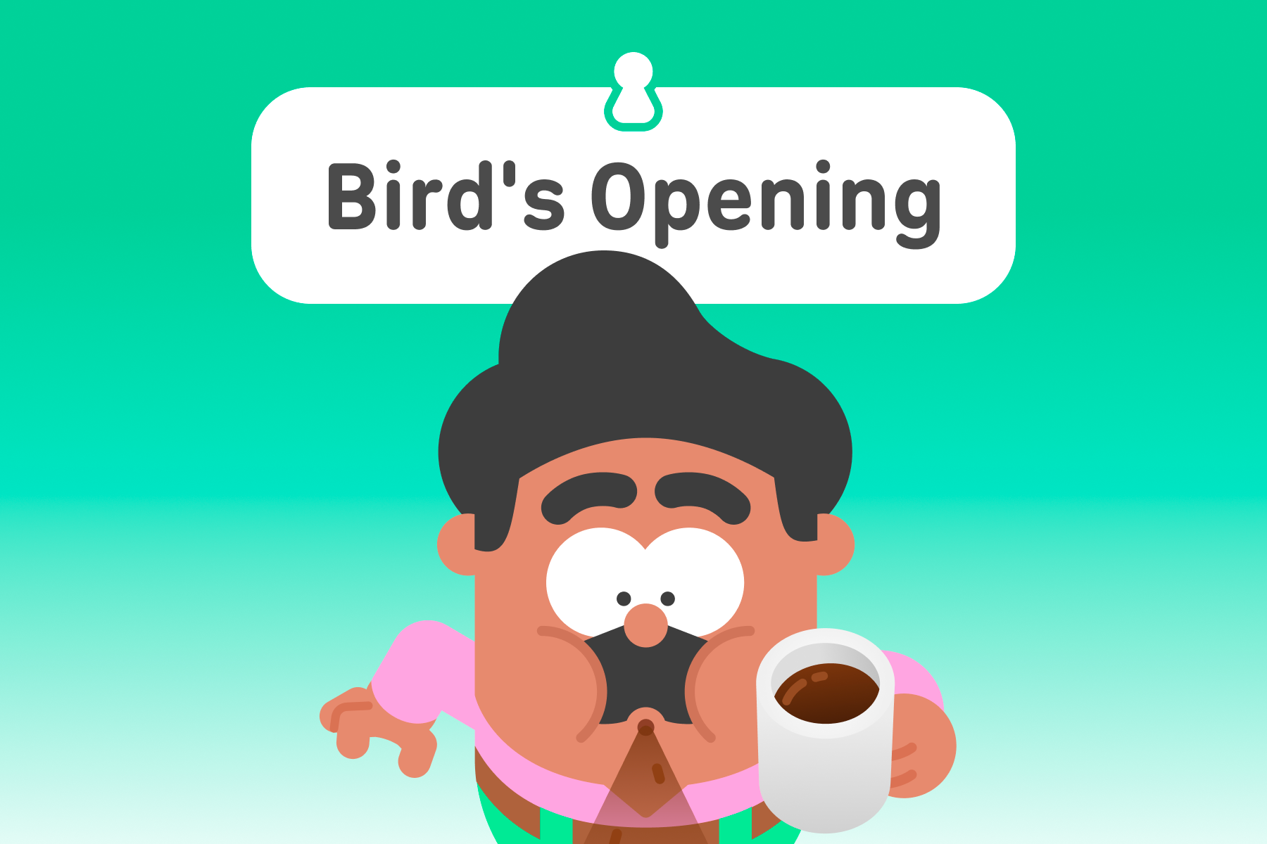 Illustration of Duolingo character Oscar spitting out coffee in surprise. The title above is “Bird’s Opening.”