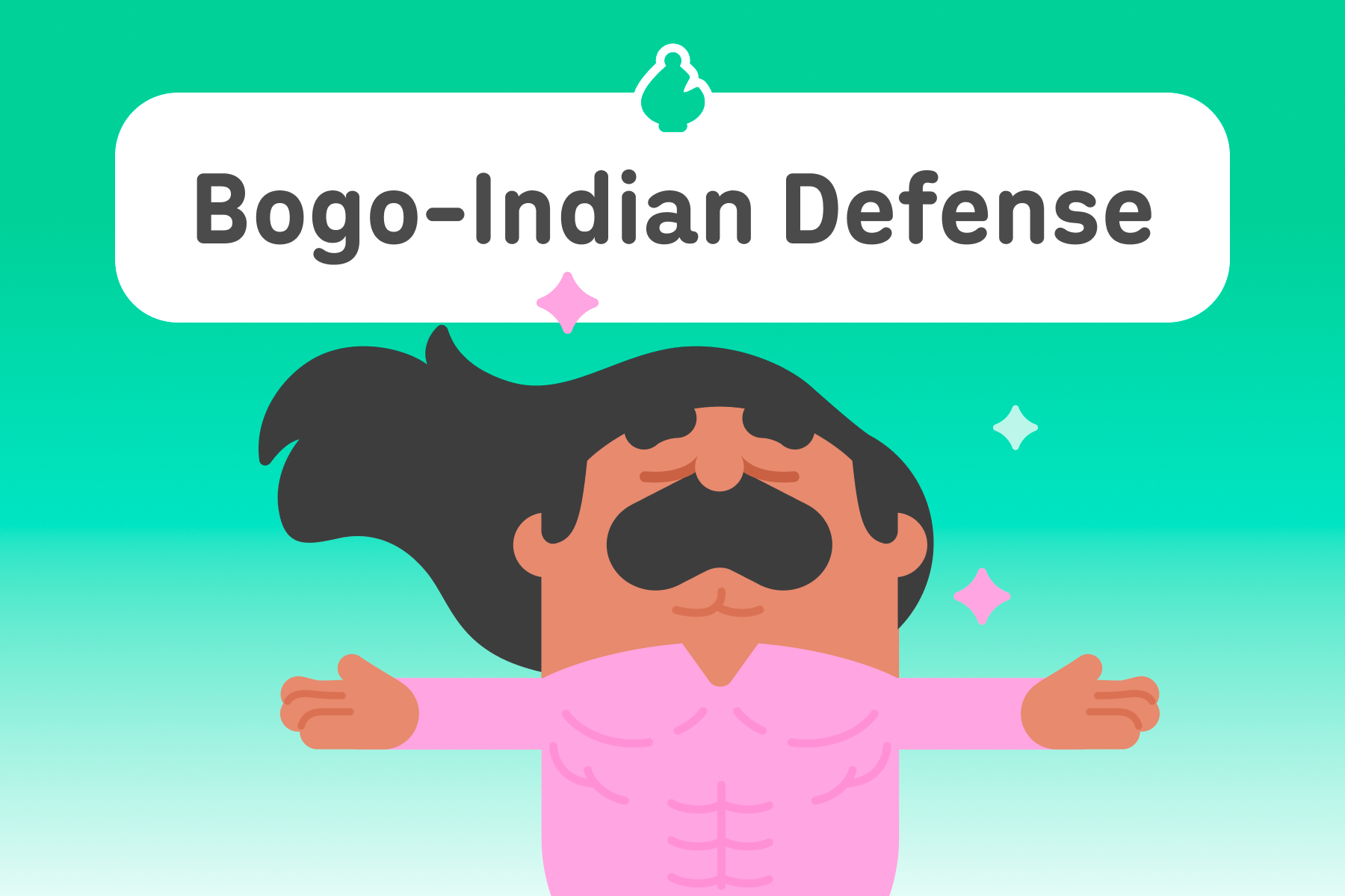 Illustration of Duolingo character Oscar with outstretched arms and eyes closed in confidence. The title above is “Bogo-Indian Defense.”