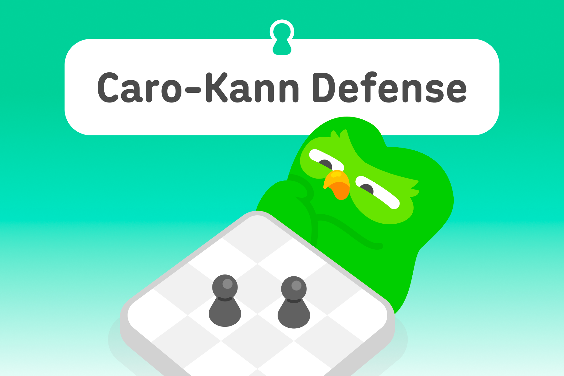 Illustration of Duo the owl sitting at a chess board with a focused expression. The title above is “Caro-Kann Defense.”