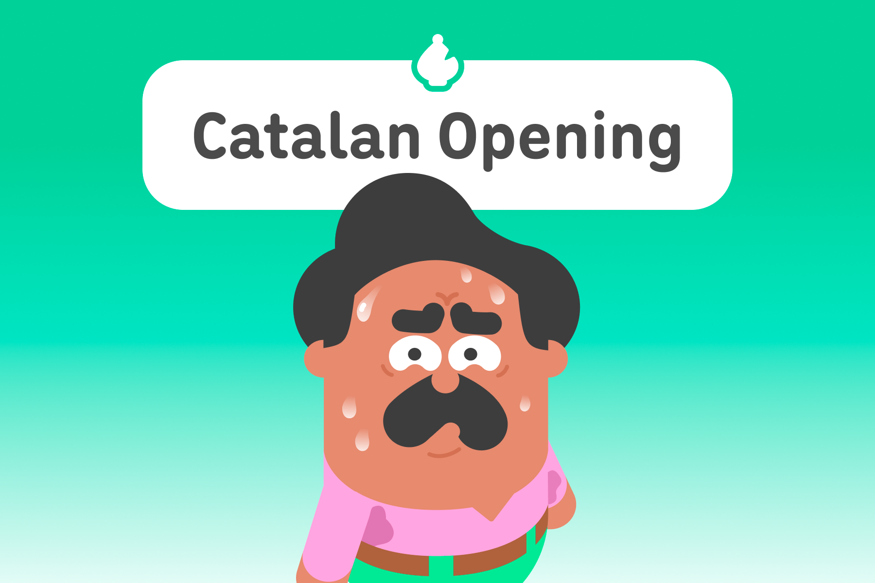 Illustration of Duolingo character Oscar looking nervous, with sweat on his face. The title above is “Catalan Opening.”