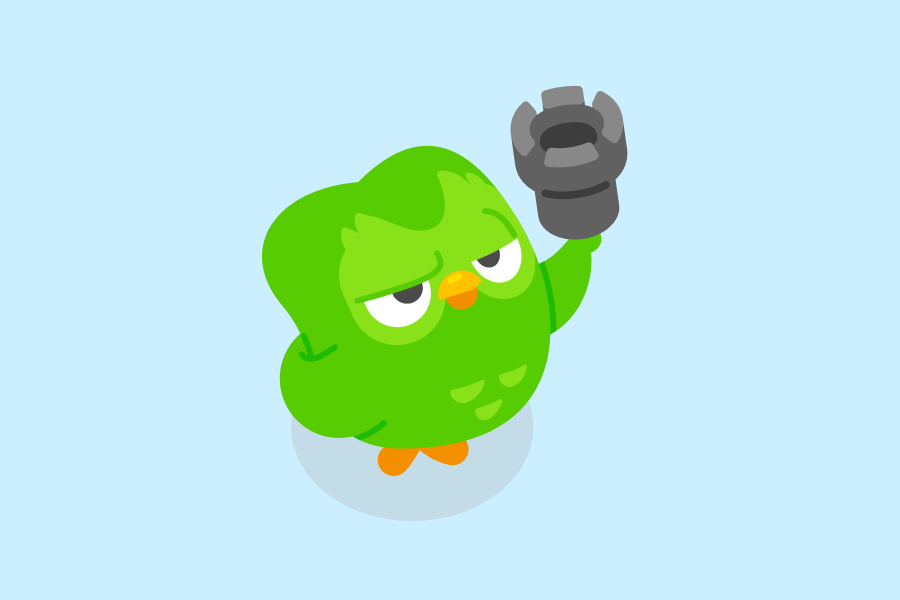 Illustration of Duo the owl holding up a rook chess piece with one wing and the other wing behind his back.