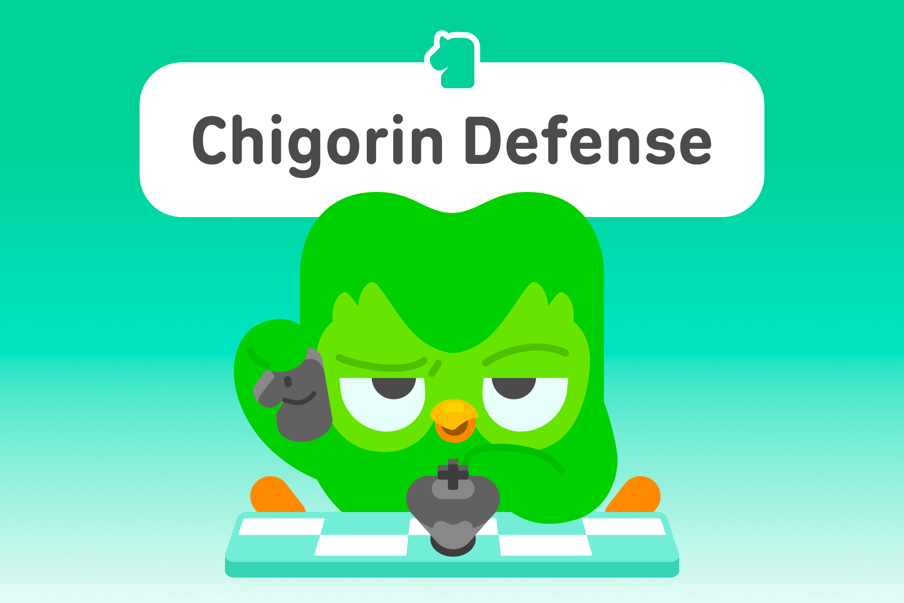 Illustration of Duo the owl sitting at a chess board, looking smug. The title above is “Chigorin Defense.”