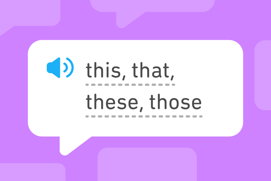 말풍선 속에 영어 지시 형용사 네 개 this, that, these, those가 적혀 있다.