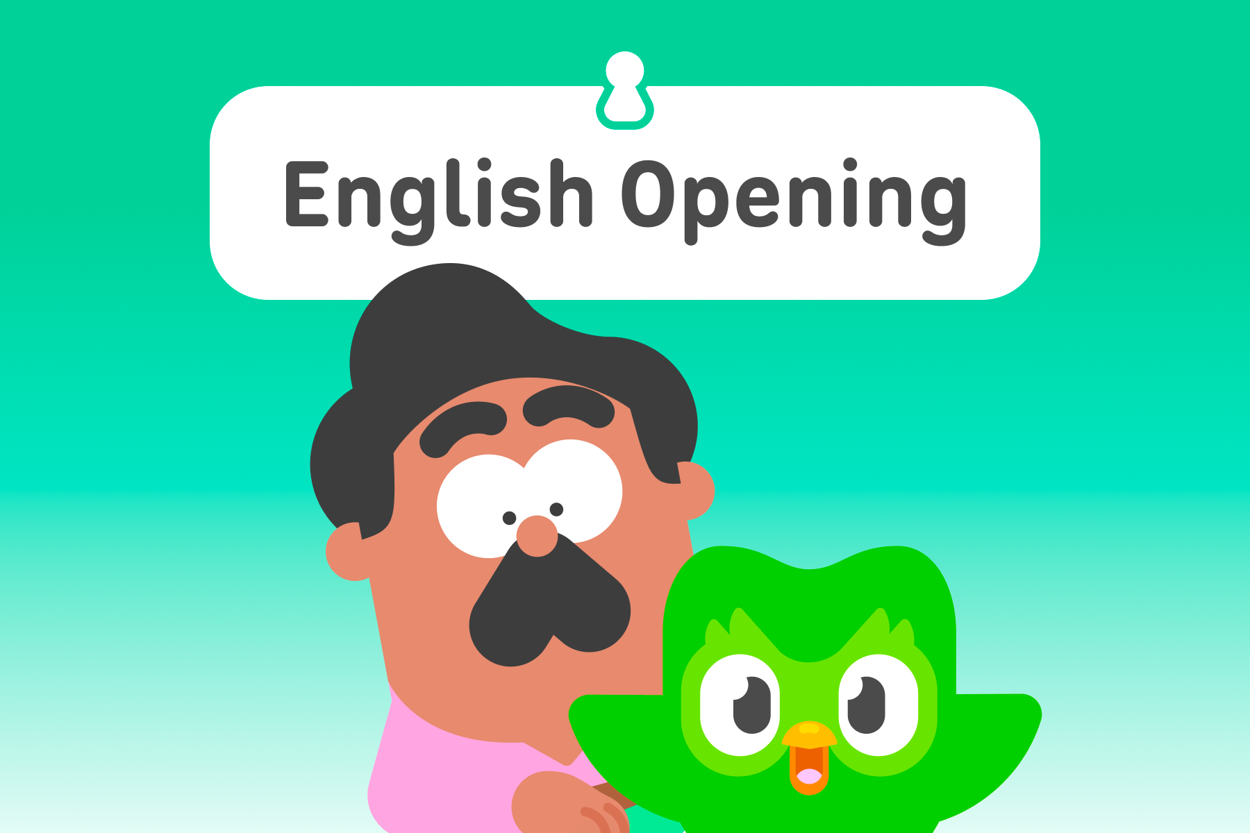 Illustration of Duolingo character Oscar looking surprised and a happy Duo the owl. The title above is “English Opening.”