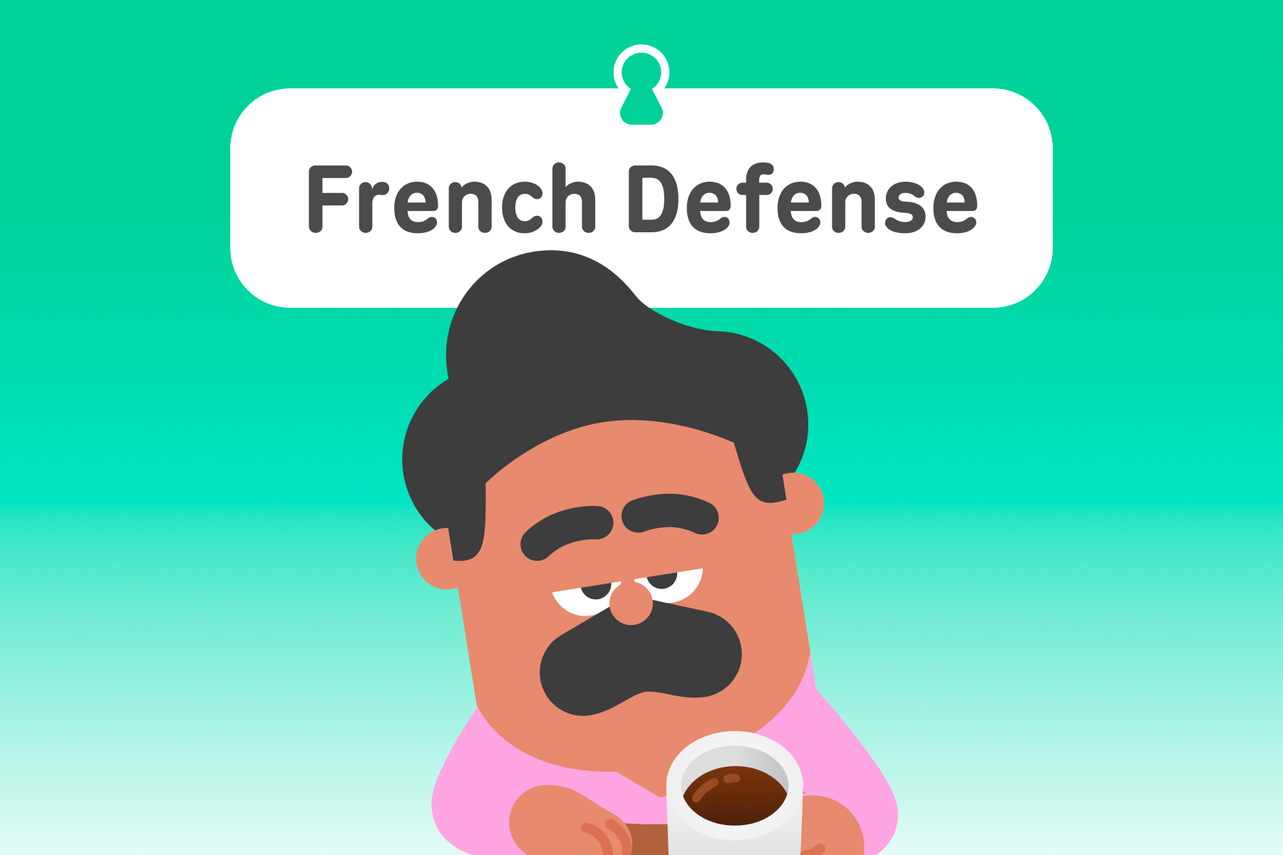 Illustration of Duolingo character Oscar with a cup of coffee. The title above is “French Defense.”