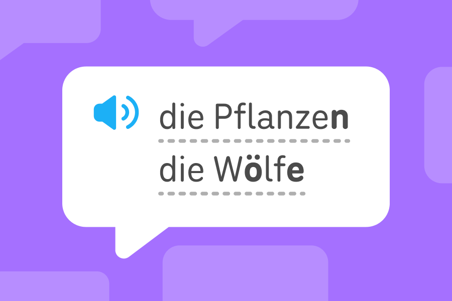 말풍선 안에 독일어 복수 명사 “die Pflanzen”과 “die Wölfe”가 써 있다.
