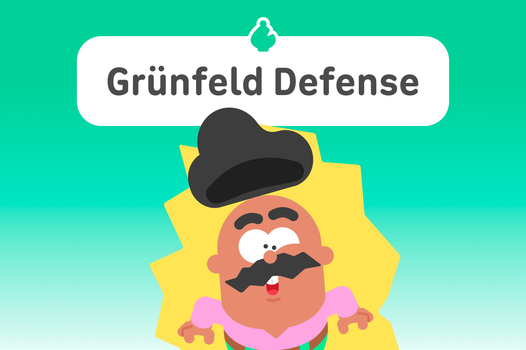 Illustration of Duolingo character Oscar as if electrified, with this hair popping off his head. The title above is “Grünfeld Defense.”