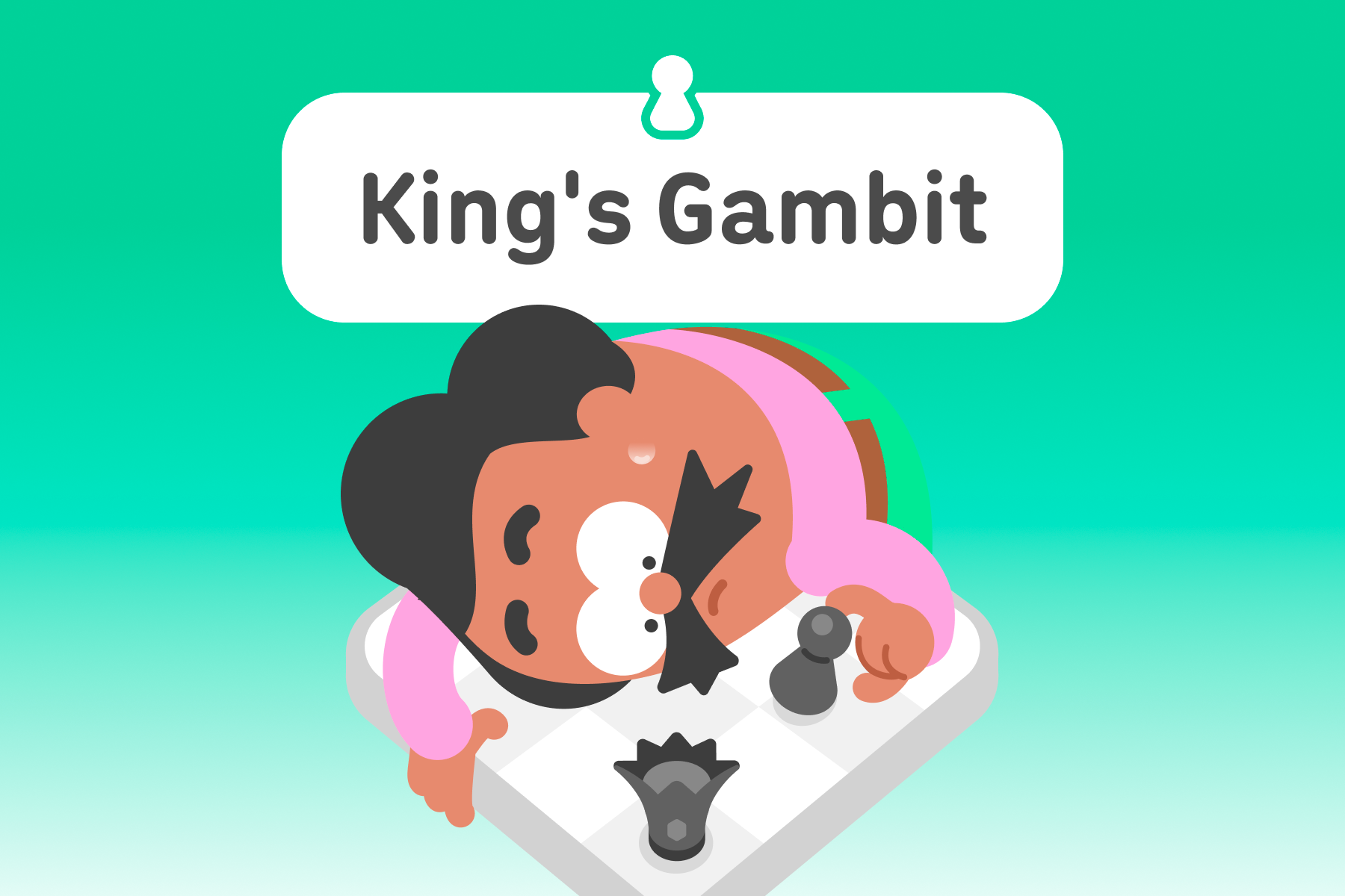 Illustration of Duolingo character Oscar reaching over a chess board with a worried expression. The title above is “King’s Gambit.”
