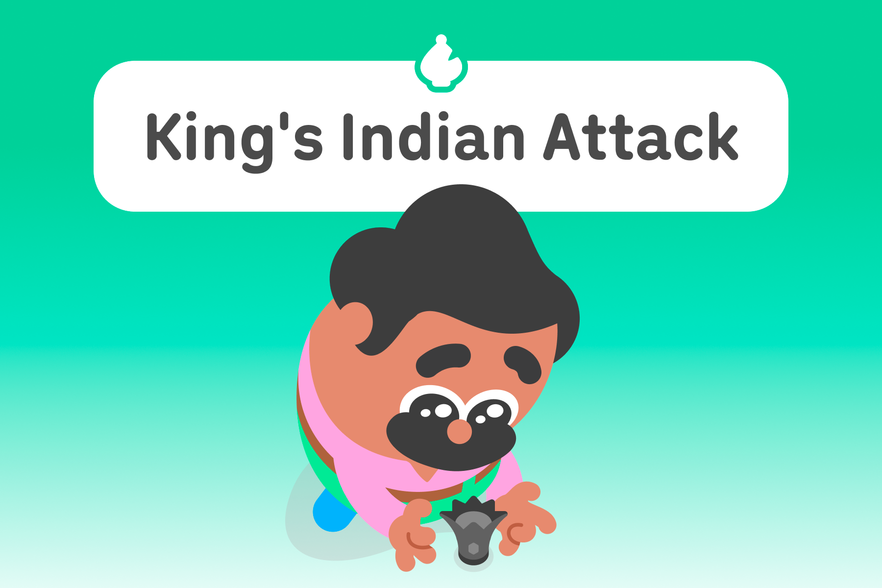 Illustration of Duolingo character Oscar guarding a queen chess piece. The title above is “King’s Indian Attack.”