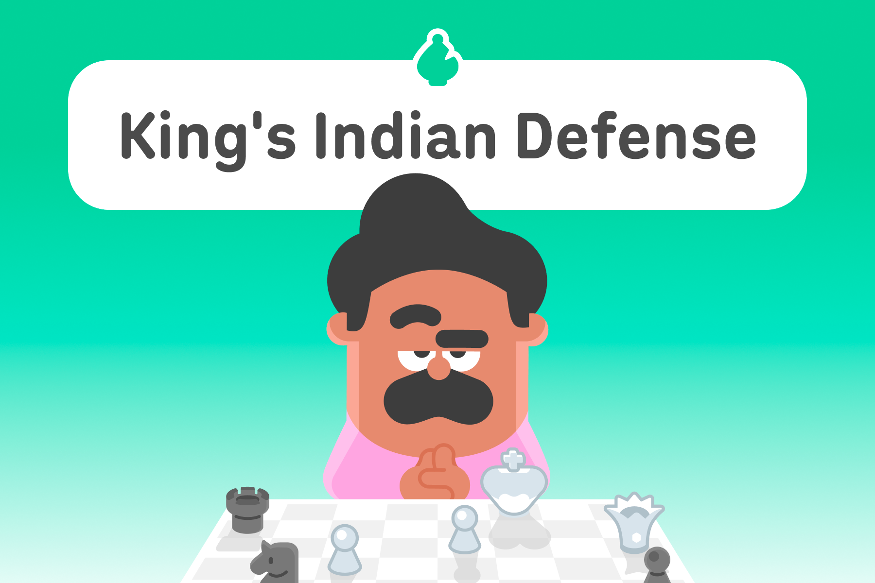 Illustration of Duolingo character Oscar at a chess board with a challenging expression. The title above is “King’s Indian Defense.”