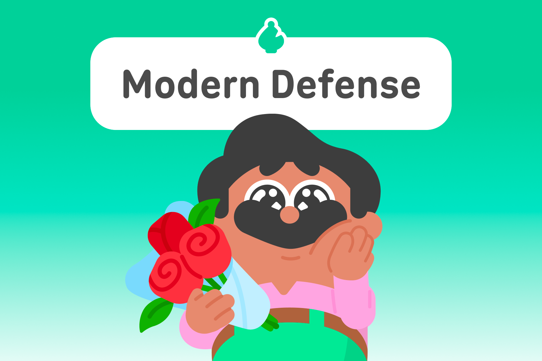 Illustration of Duolingo character Oscar with a bouquet, looking delighted. The title above is “Modern Defense.”