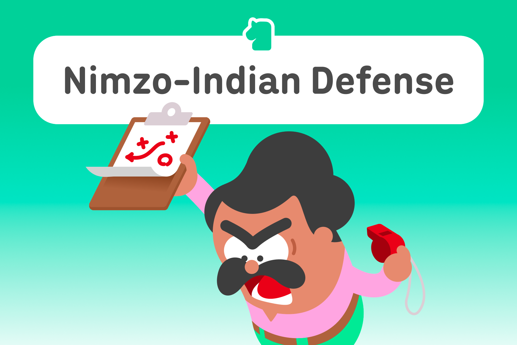 Illustration of Duolingo character Oscar with a clipboard, looking furious. The title above is “Nimzo-Indian Defense.”