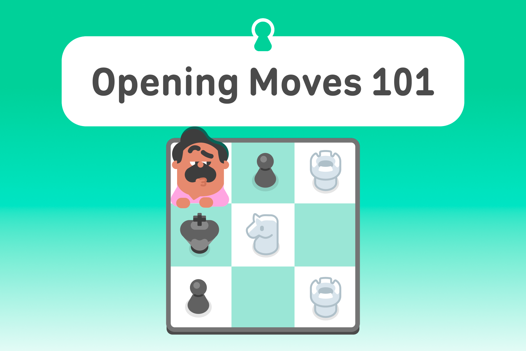 Illustration of a chess board with a few pieces and Oscar on it. Above is the title “Opening Moves 101.”
