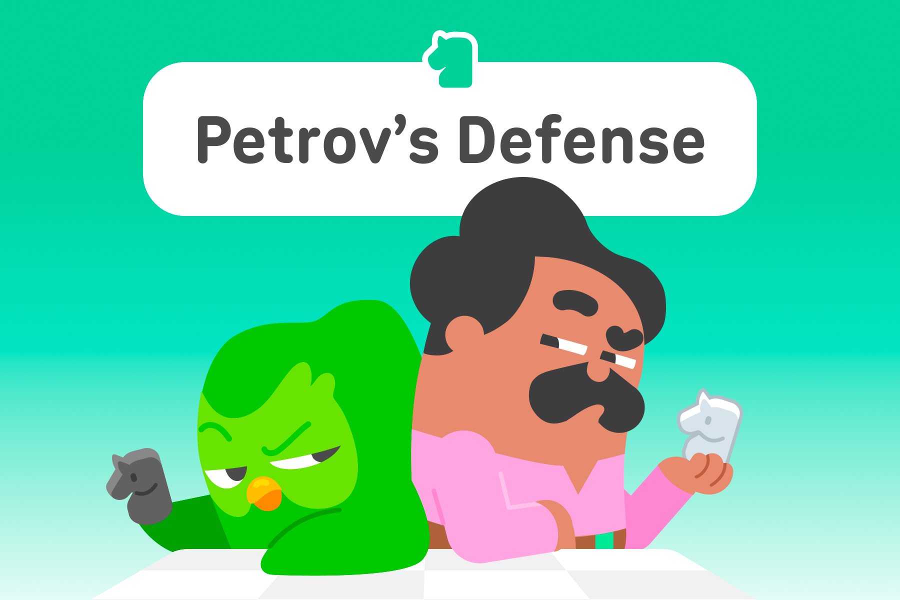 Illustration of Duo the owl and Oscar looking at each other challengingly. The title above is “Petrov’s Defense.”