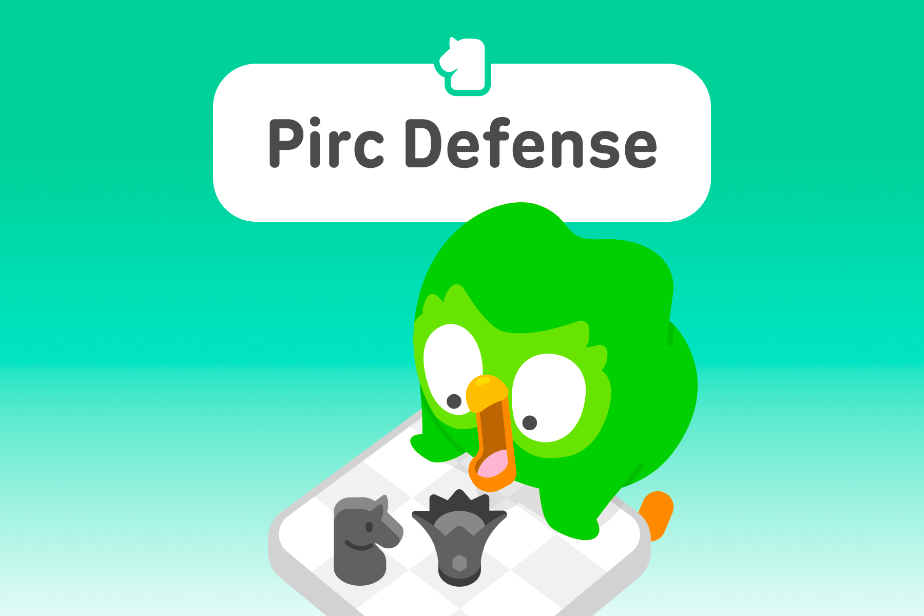 Illustration of Duo the owl at a chess board with a shocked expression. The title above is “Pirc Defense.”