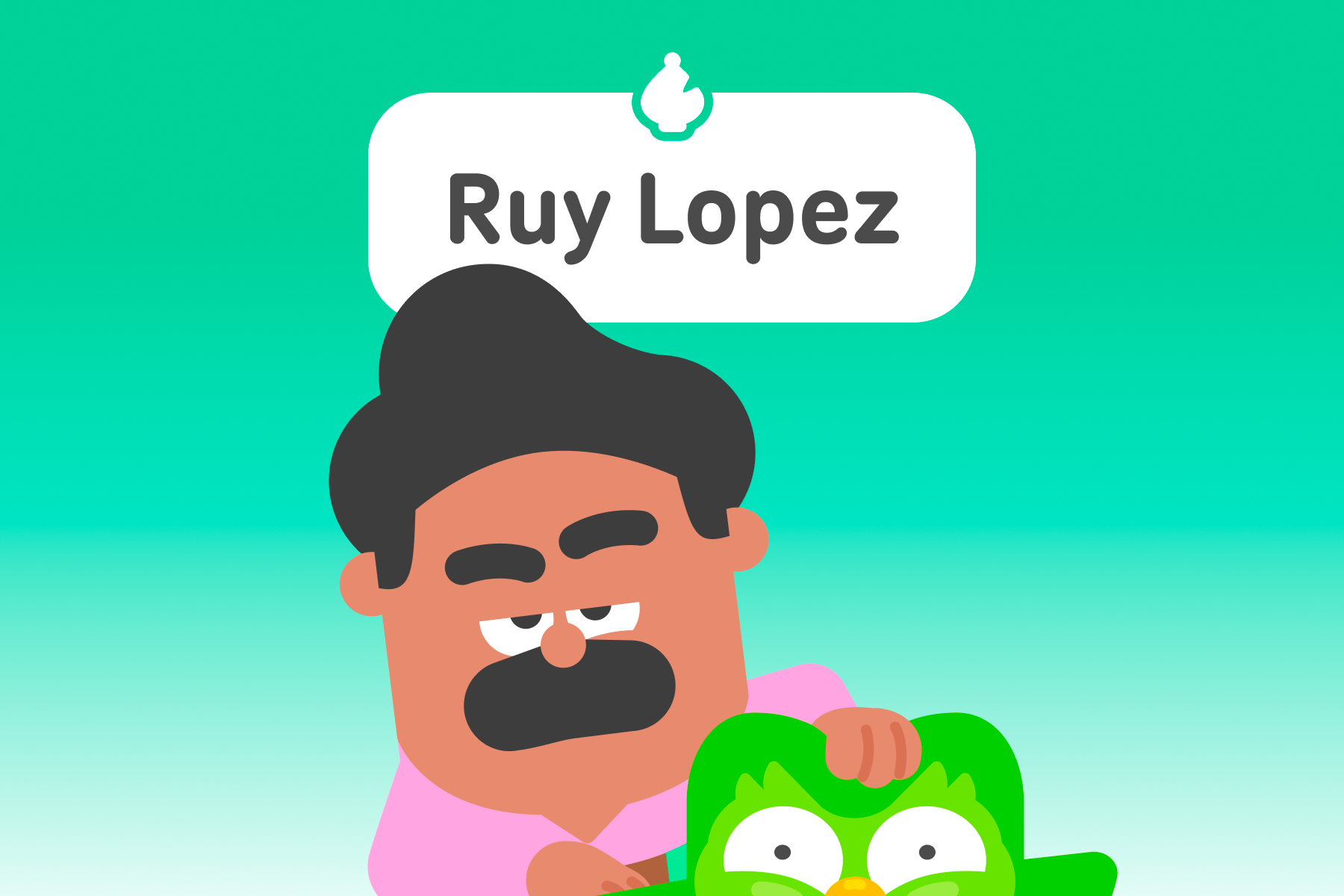 Illustration of Duolingo character Oscar with his hand on Duo the owl’s head. The title above is “Ruy Lopez.”