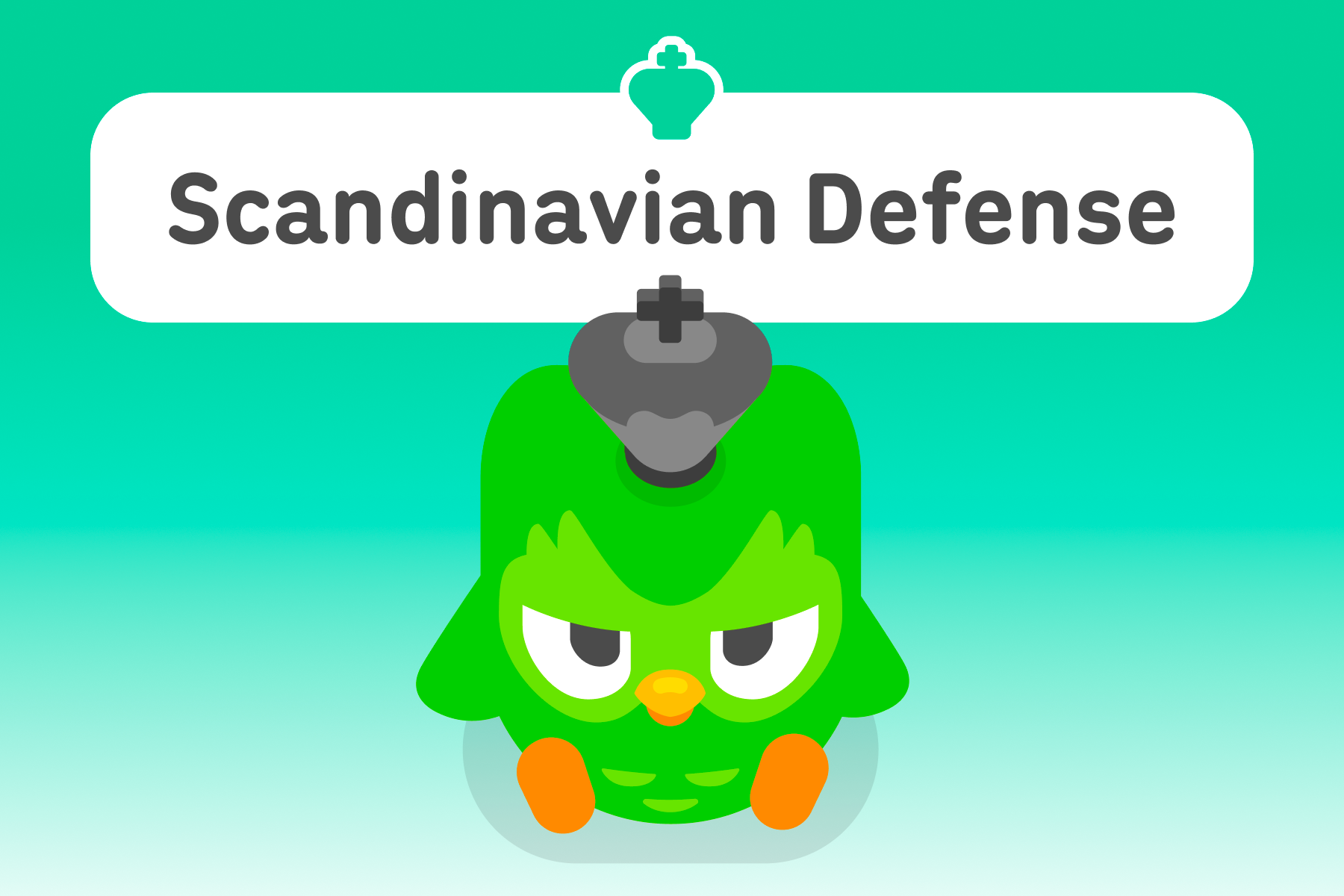 Illustration of Duo the owl with a king chess piece on his head. The title above is “Scandinavian Defense.”
