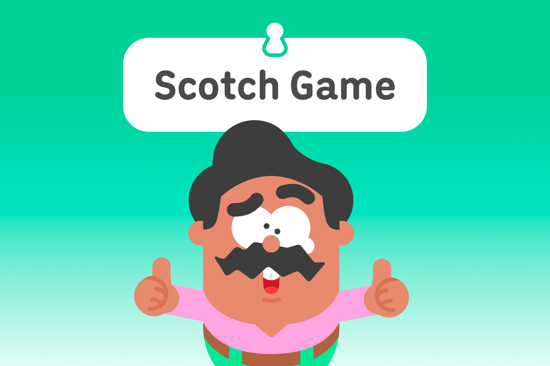 Illustration of Duolingo character Oscar giving two thumbs up, but looking distraught. The title above is “Scotch Game.”