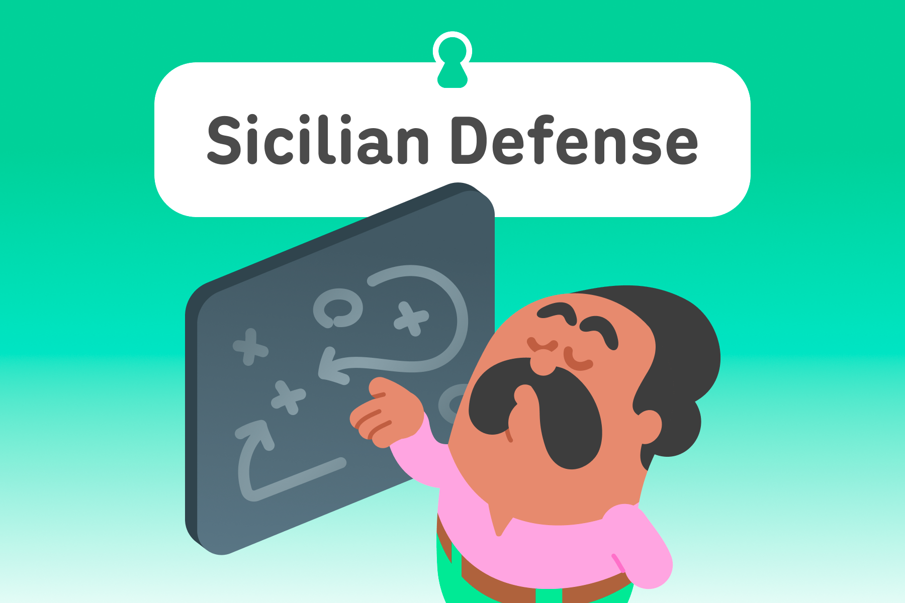 Illustration of Duolingo character Oscar in front of a blackboard. The title above is “Sicilian Defense.”